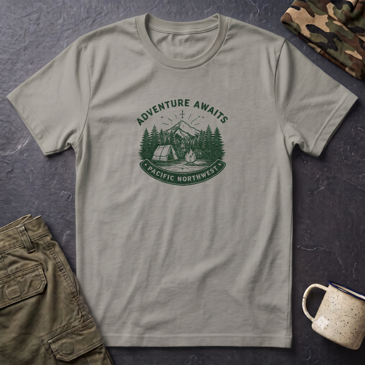 Adventure Awaits Pacific Northwest T-Shirt | Camping Mountain Badge