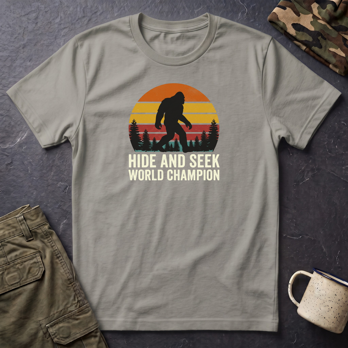 Bigfoot Silhouette Sunset T-Shirt | Retro Sasquatch Design