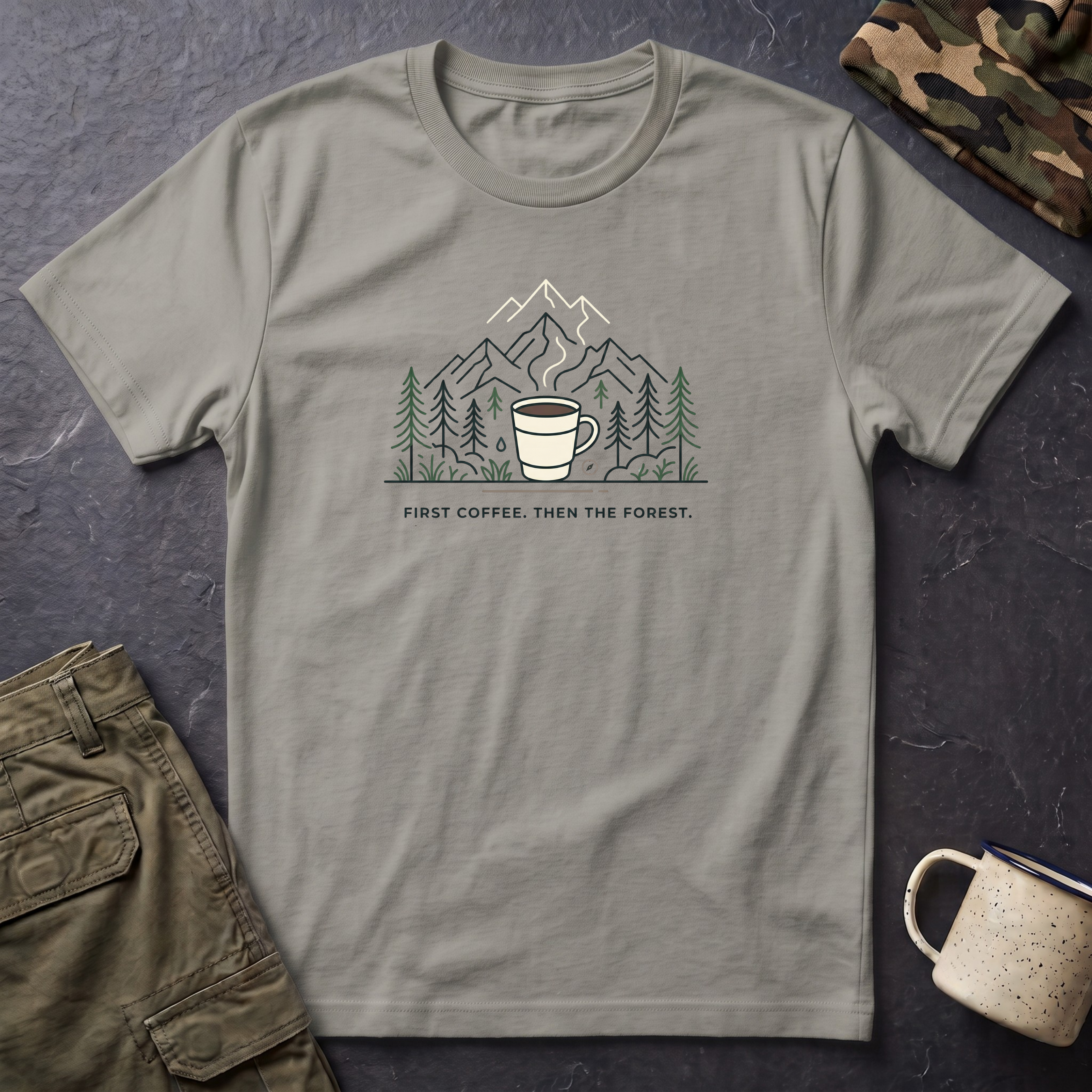 Coffee Cup in Pines T-Shirt | mountain camp mug, minimalist outdoors design