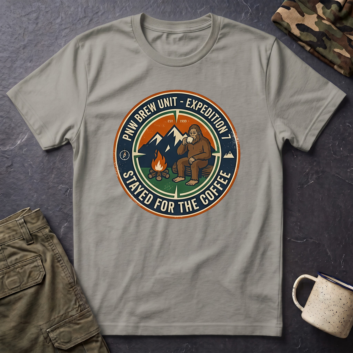 Stayed for the Coffee mountain camping badge T-Shirt | coffee hiking logo
