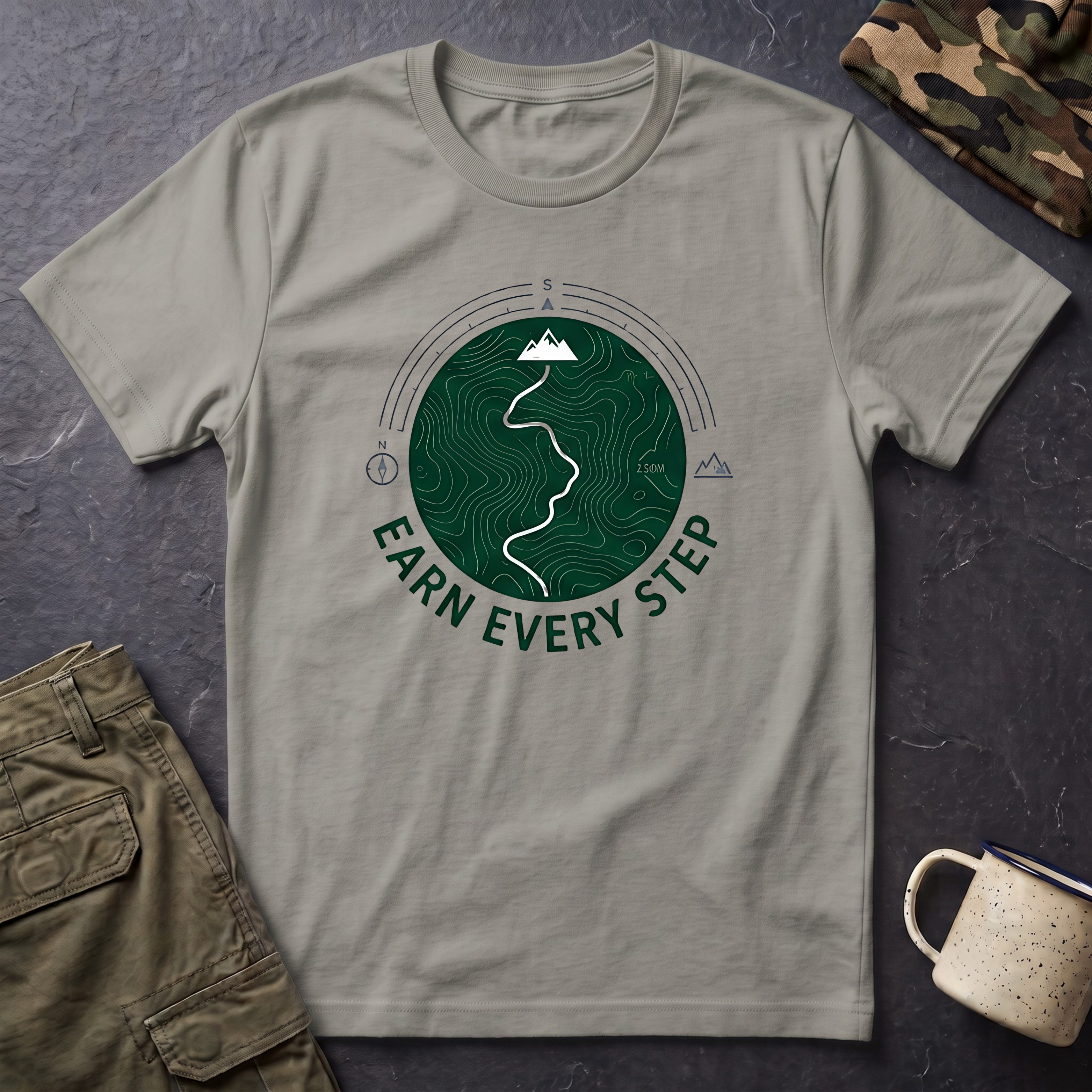 Earn Every Step T-Shirt | Hiking Mountain Trail Graphic
