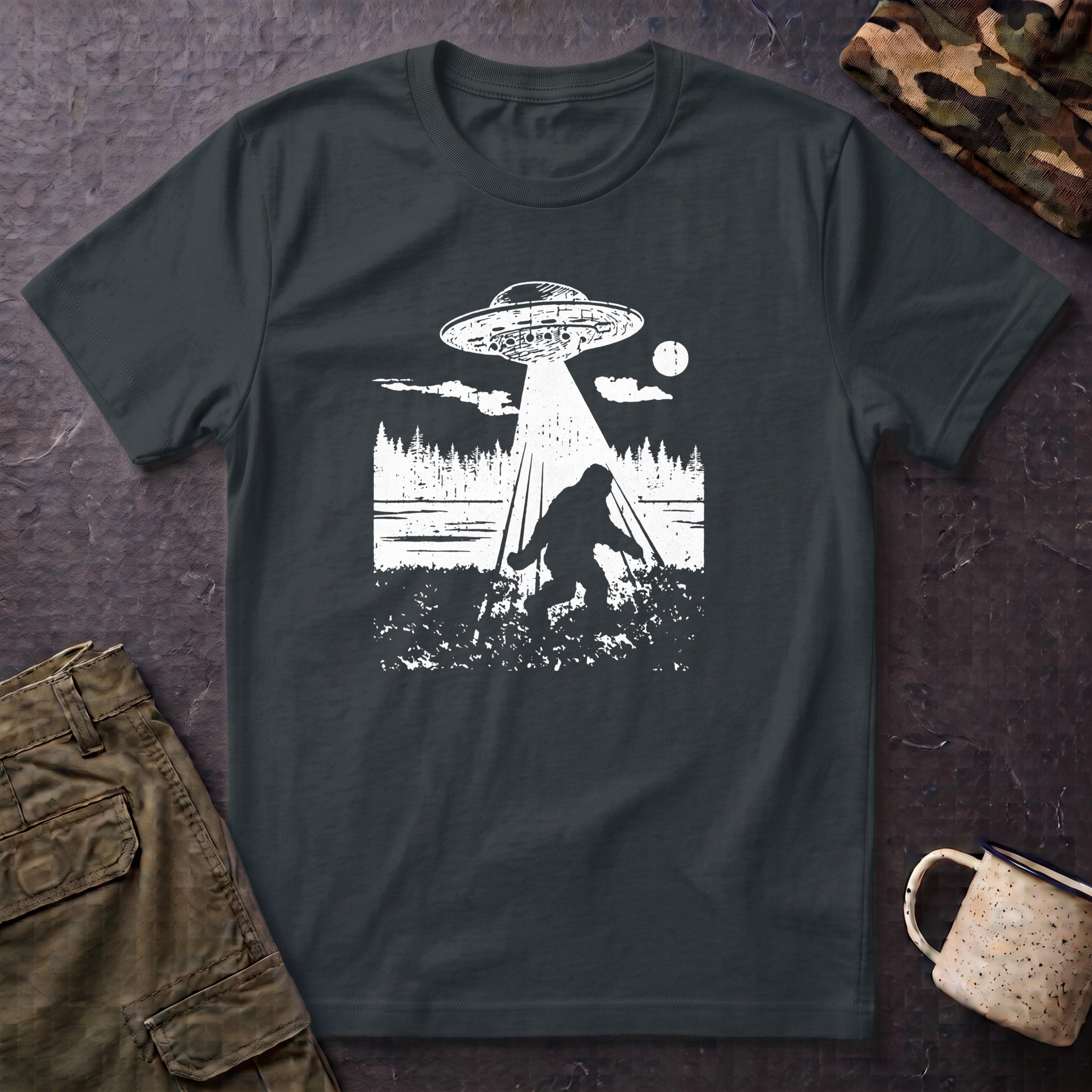 Alien Abduction T-Shirt — Bigfoot UFO Woodland Graphic Tee