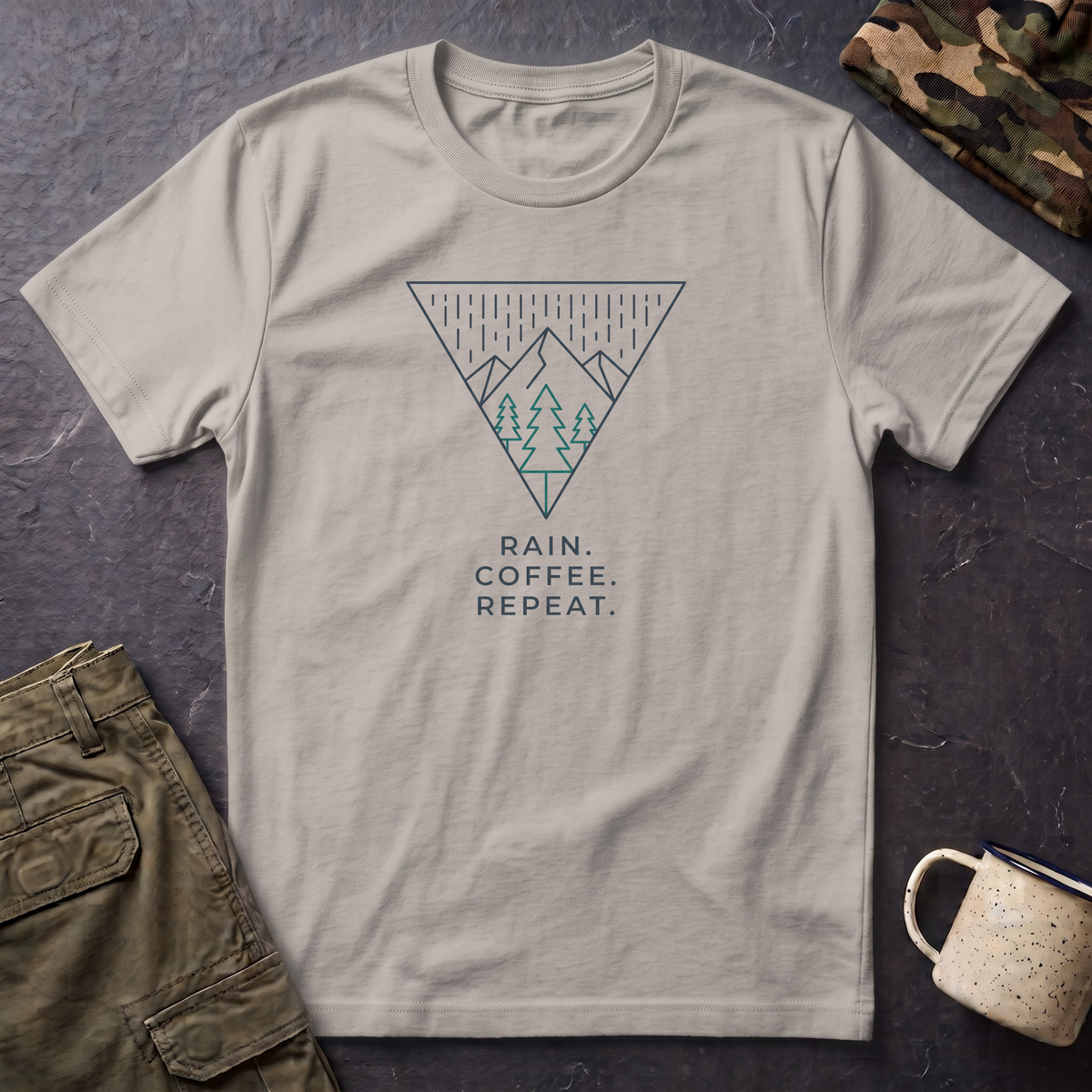 Rain Coffee Repeat T‑Shirt — Minimal Mountain Triangle Graphic Tee