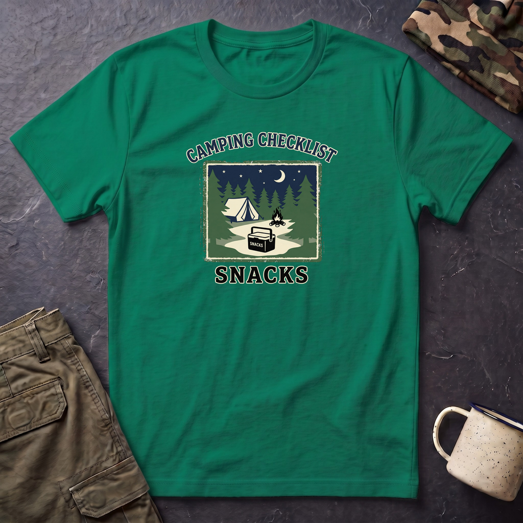 Camping Checklist Snacks T-Shirt | Camping Graphic Tee, Tent Campfire Design