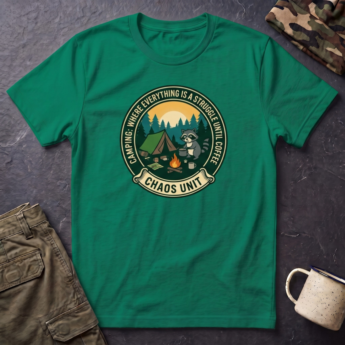 Camping Coffee Bear Chaos Unit T-Shirt | Campfire Woods Graphic