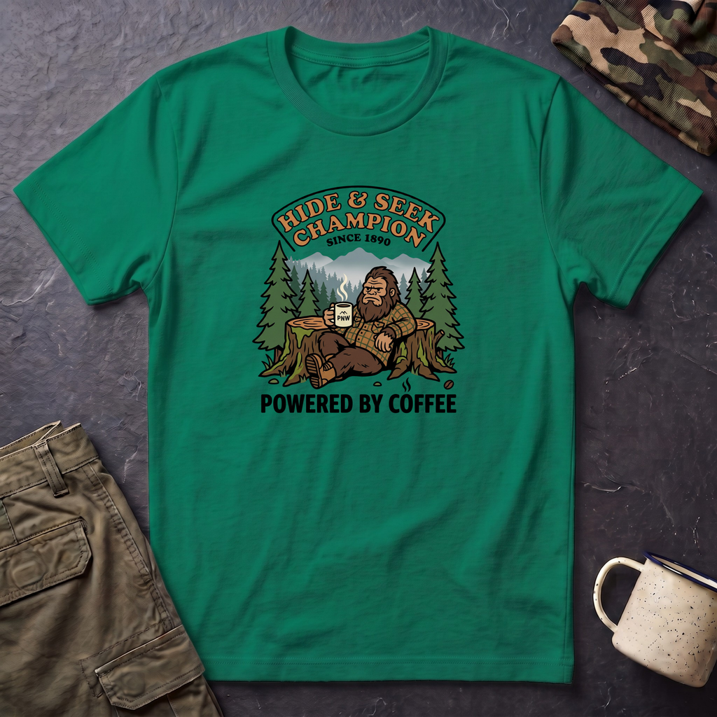 Sasquatch Hide & Seek Champion T-Shirt | Powered by Coffee, Bigfoot Design