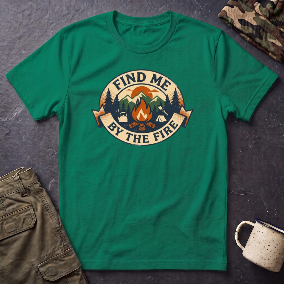 Find Me by the Fire T-Shirt | Campfire Mountains Camping Tee