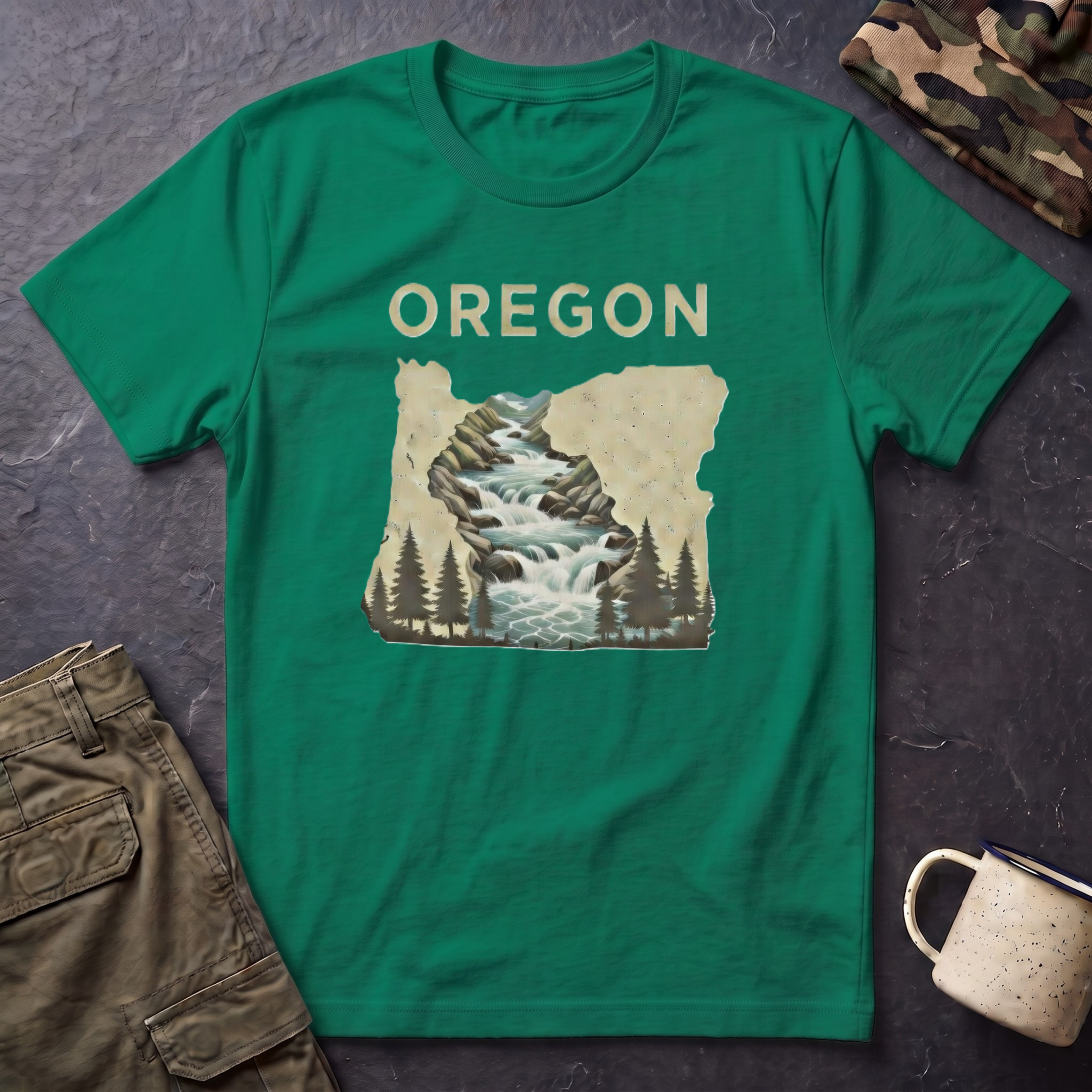 Oregon waterfall state map T-Shirt | River, Pines, Nature