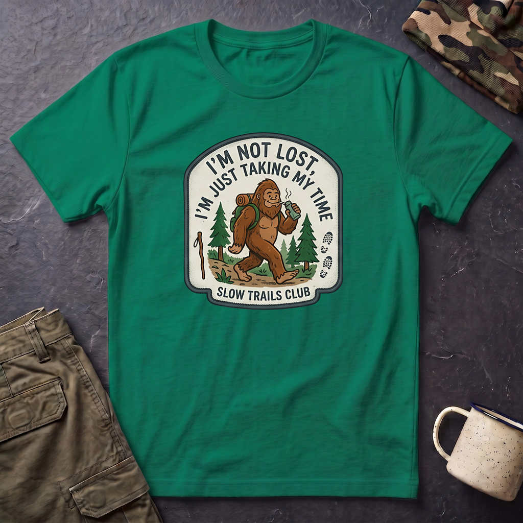 I'm Not Lost I'm Just Taking My Time Sasquatch T-Shirt | Slow Trails Club, Hiking Graphic