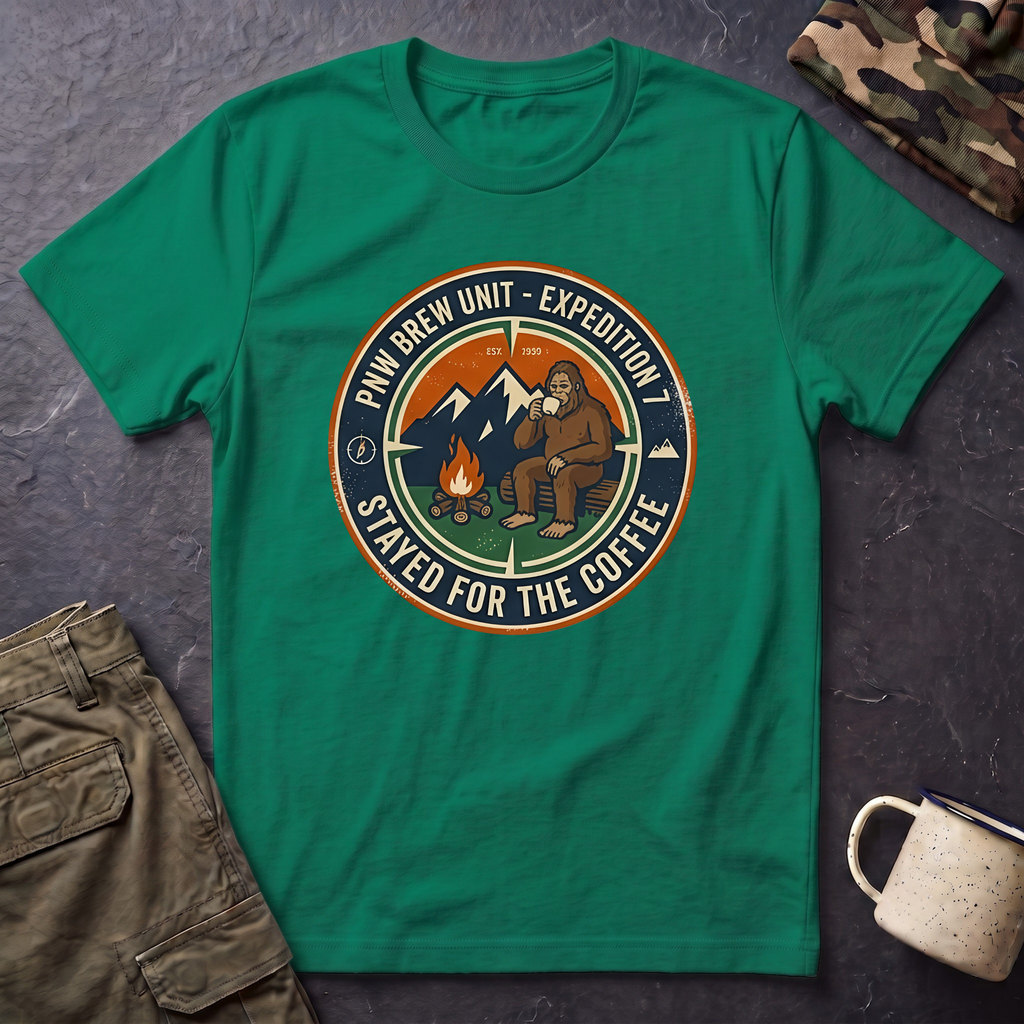 Stayed for the Coffee mountain camping badge T-Shirt | coffee hiking logo