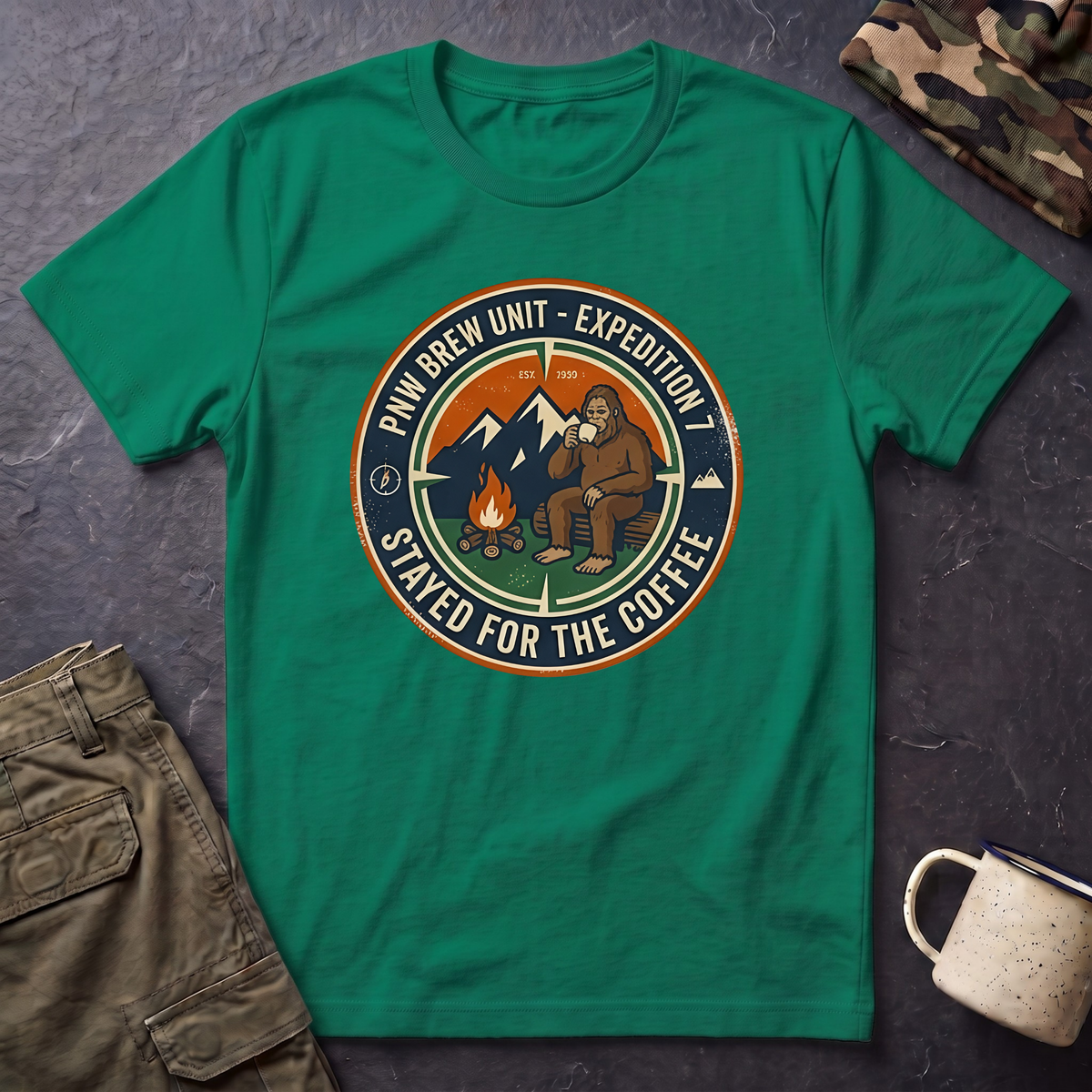 Stayed for the Coffee mountain camping badge T-Shirt | coffee hiking logo