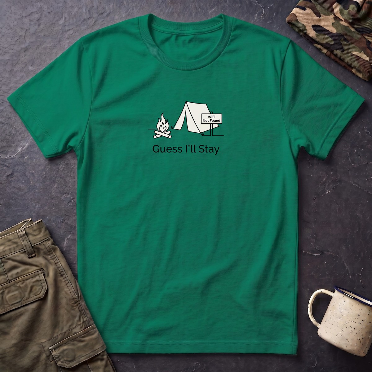 Guess Ill Stay camping tee | Tent and campfire graphic T-Shirt