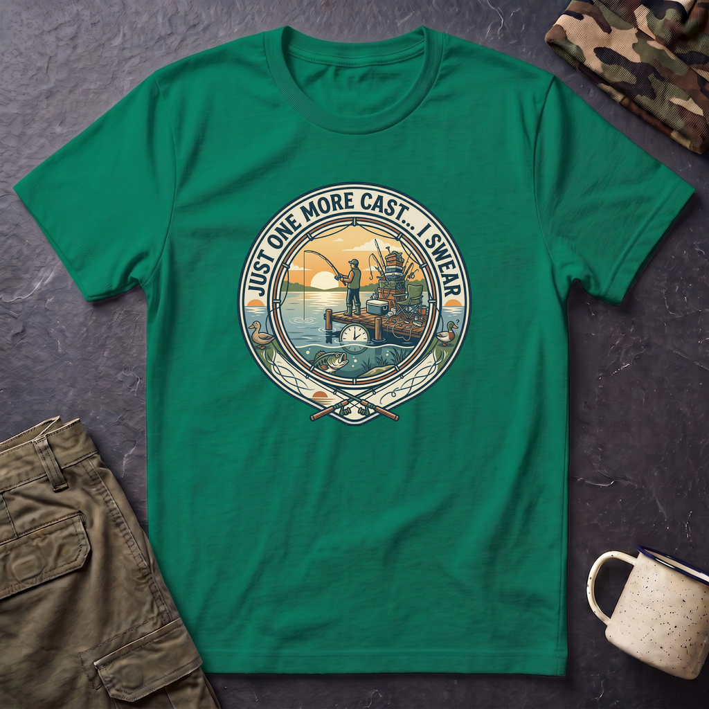 Just One More Cast Fishing T-Shirt | Retro Sunset Angler Design