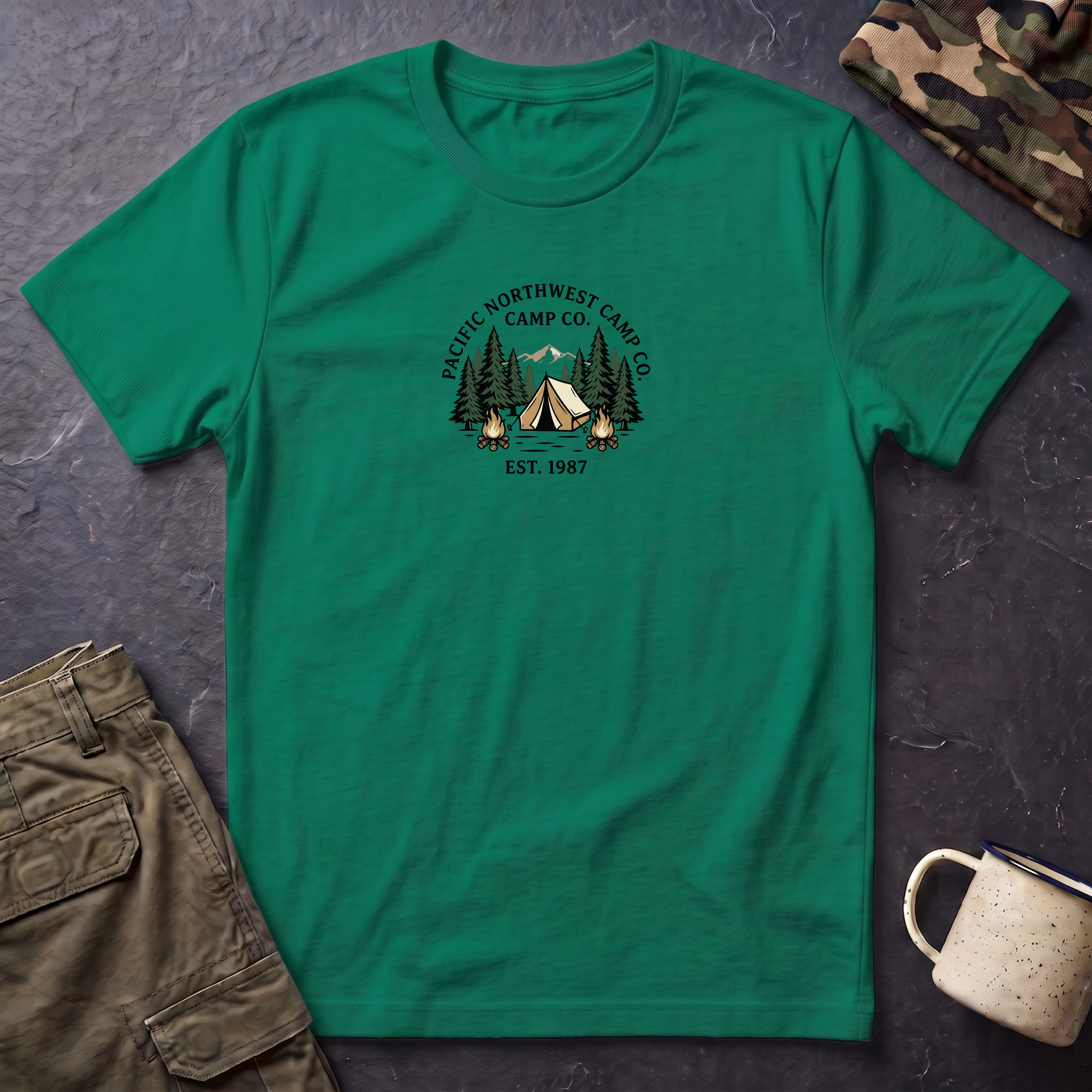 Campwood Trees Tent Graphic T-Shirt | Mountain Camping Logo, EST 1987