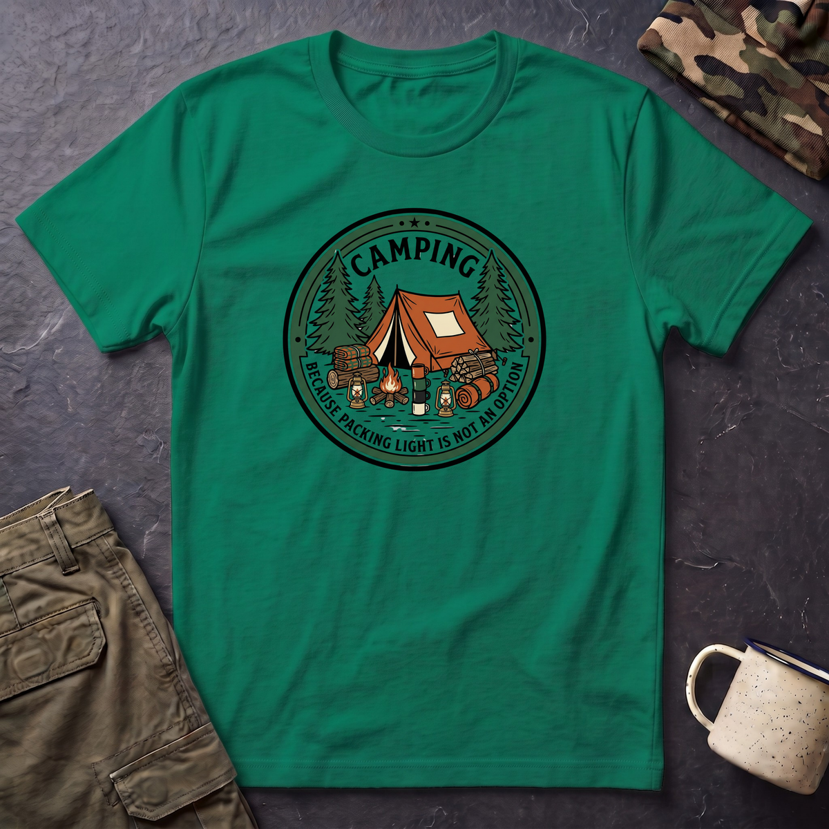 Camping Campfire Tent Graphic T-Shirt | Outdoor Adventure Cabin Design