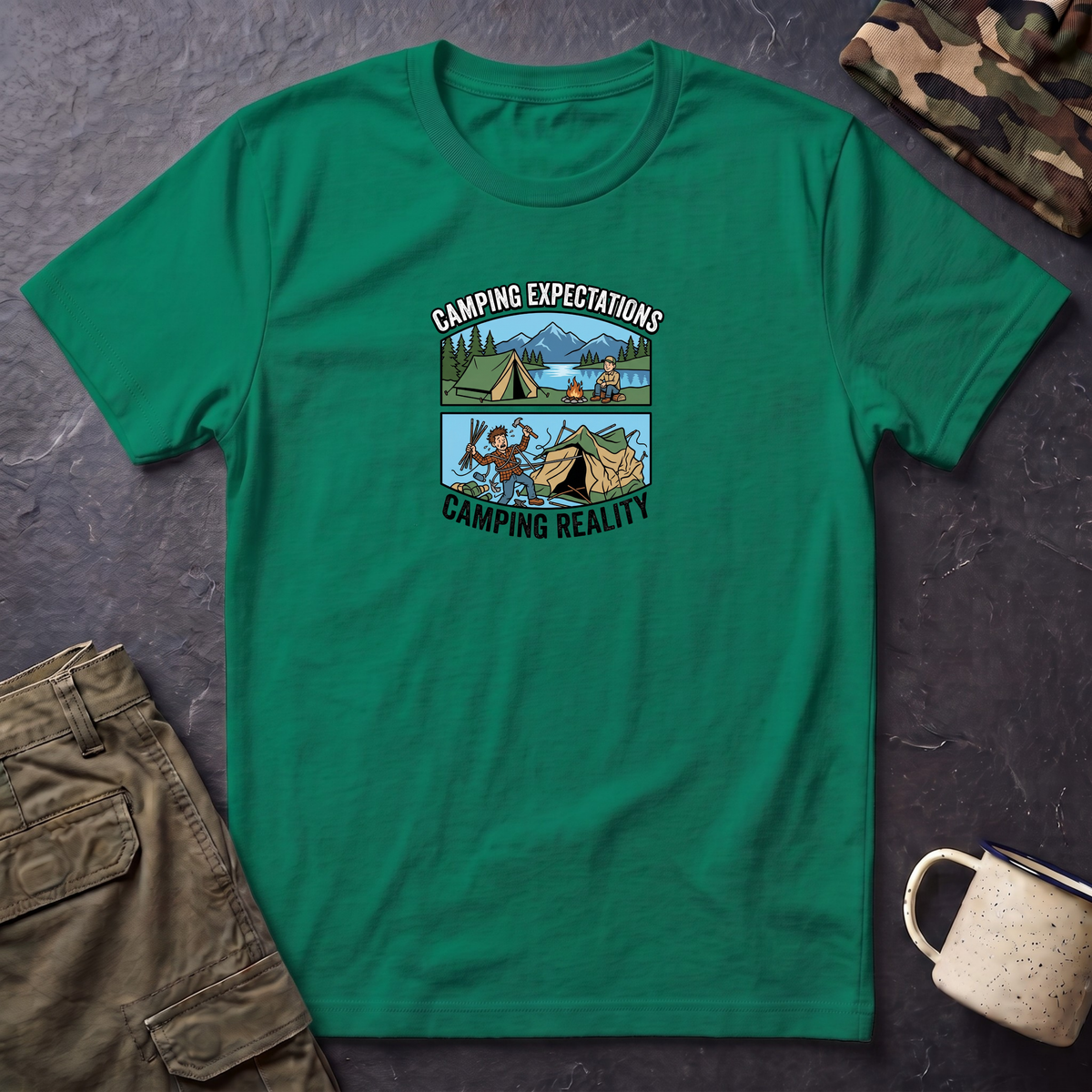 Camping Reality T-Shirt | Scenic Tent, Lake, Mountains Outdoor Adventure