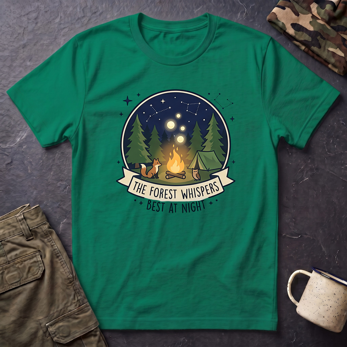 The Forest Whispers campfire scene T-Shirt | nighttime woods illustration