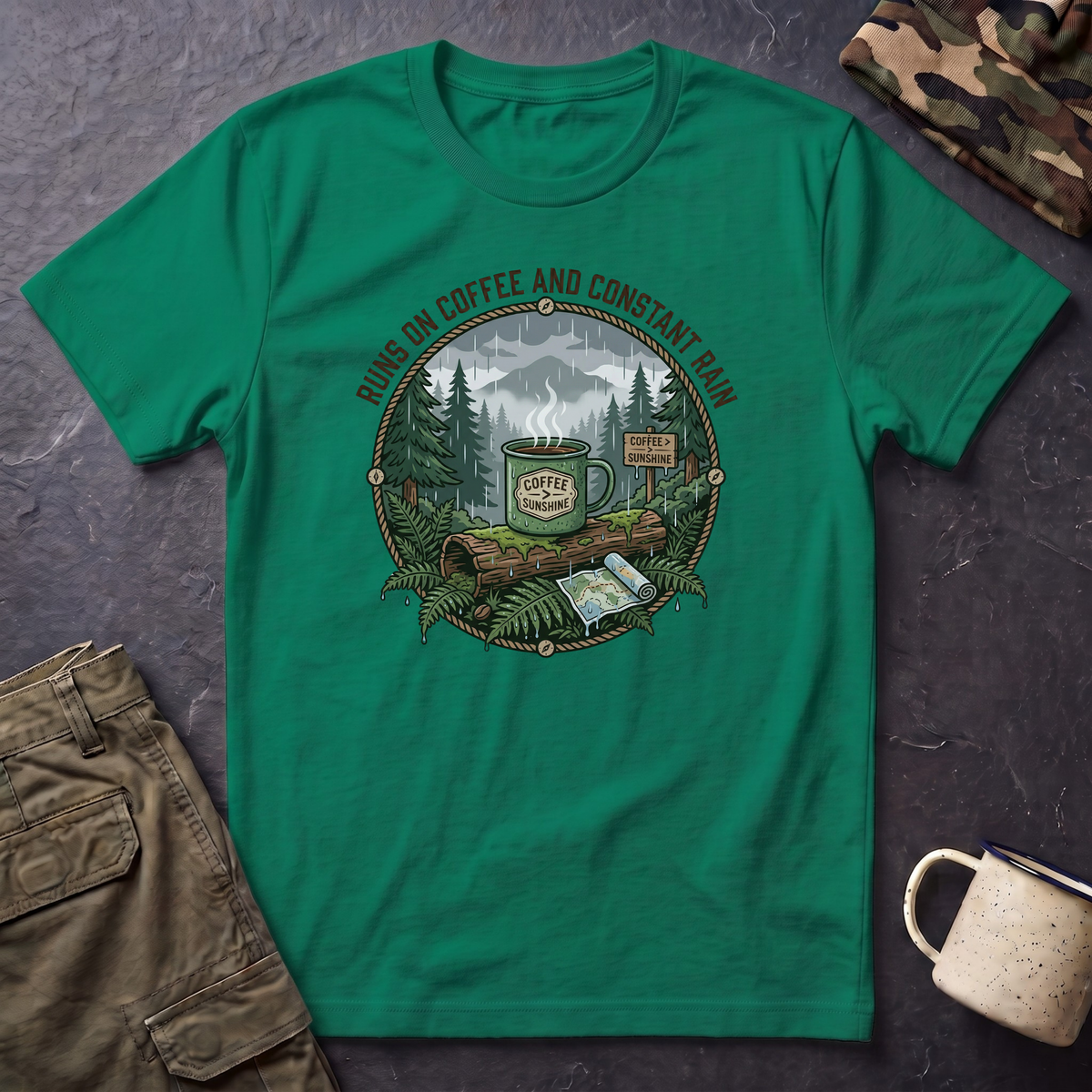 Cozy Camping Coffee Scene T-Shirt | Mountain Mug, Rainy Forest Illustration