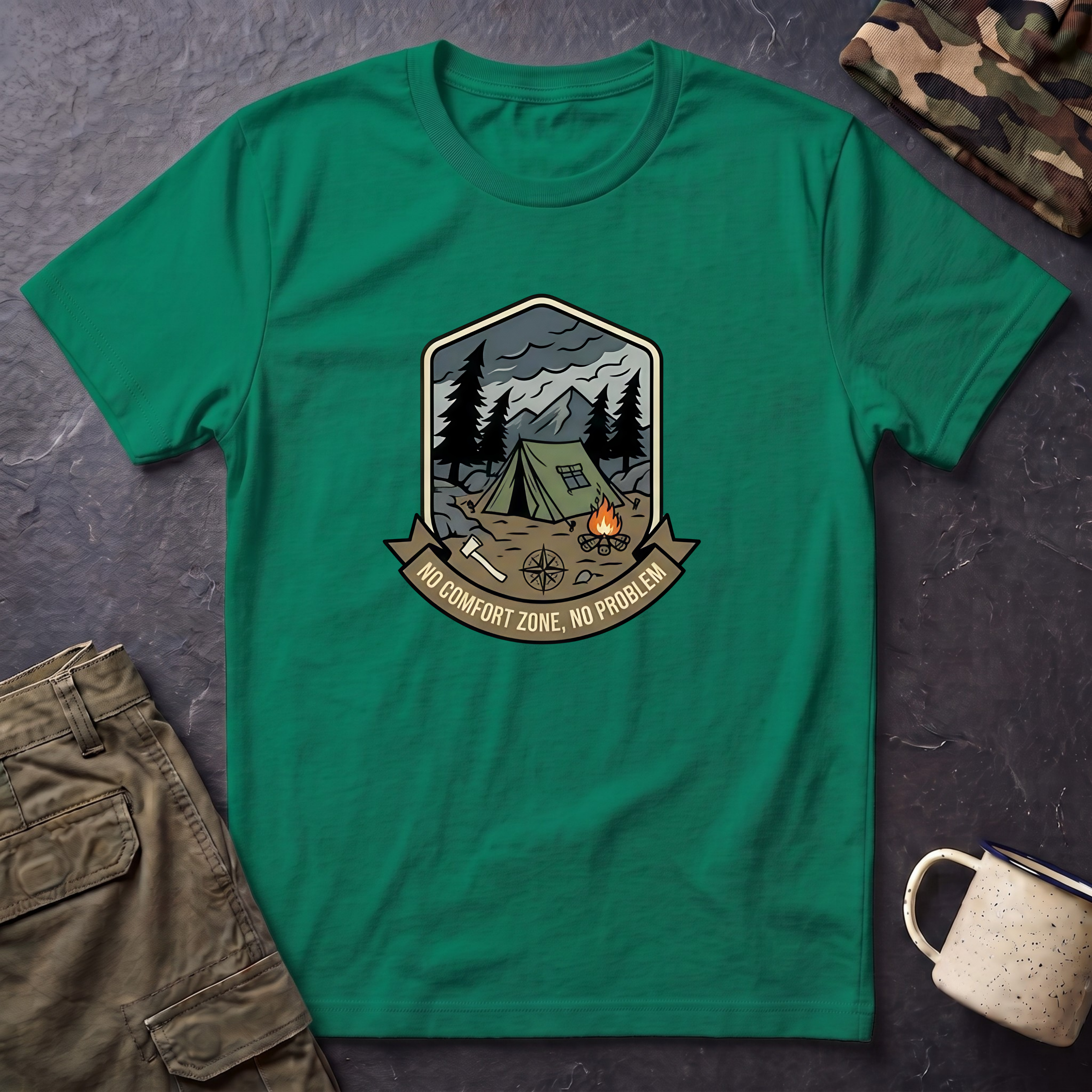 Camping Badge tent and campfire graphic T-Shirt | outdoors hiking adventure emblem