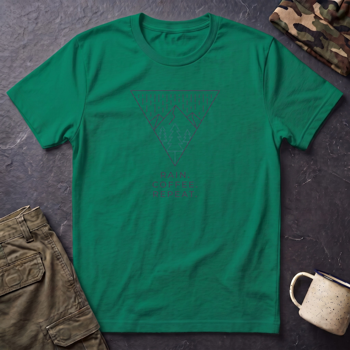 Rain Coffee Repeat T‑Shirt — Minimal Mountain Triangle Graphic Tee
