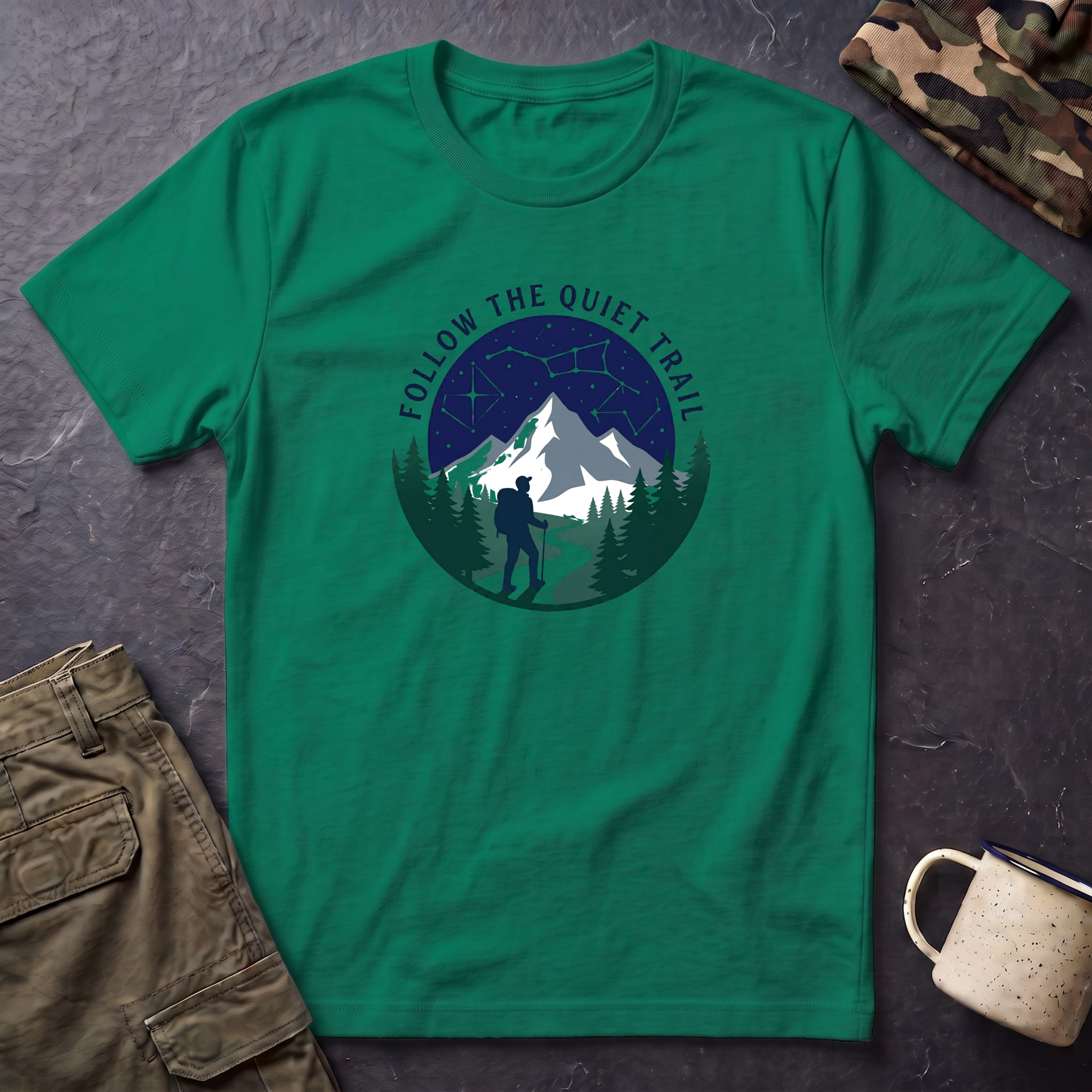 Follow The Quiet Trail Hiking T-Shirt | Mountain Night Sky