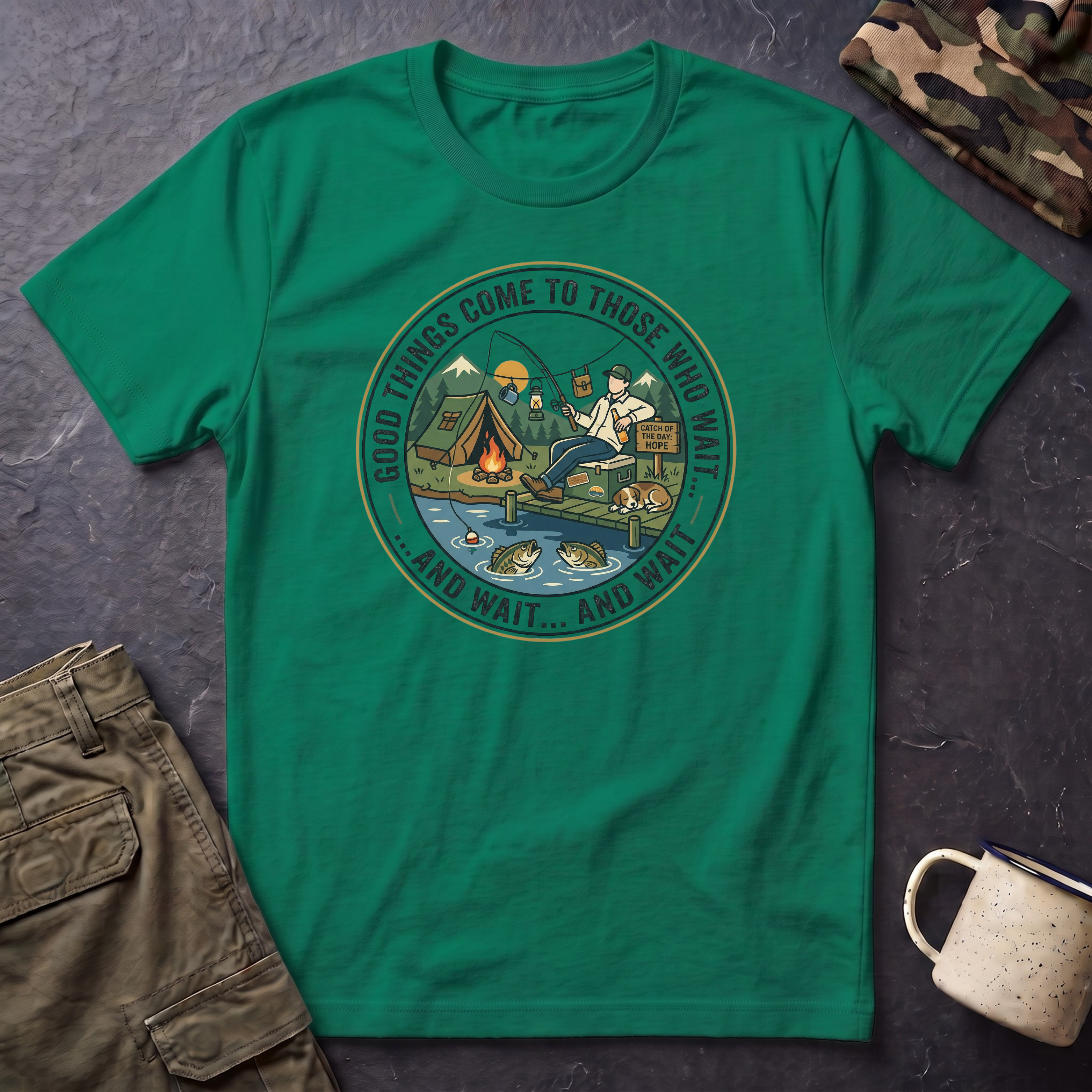 Camping Scene T-Shirt | Vintage Tent Lake Illustration, 'Good Things Come to Those Who Wait'