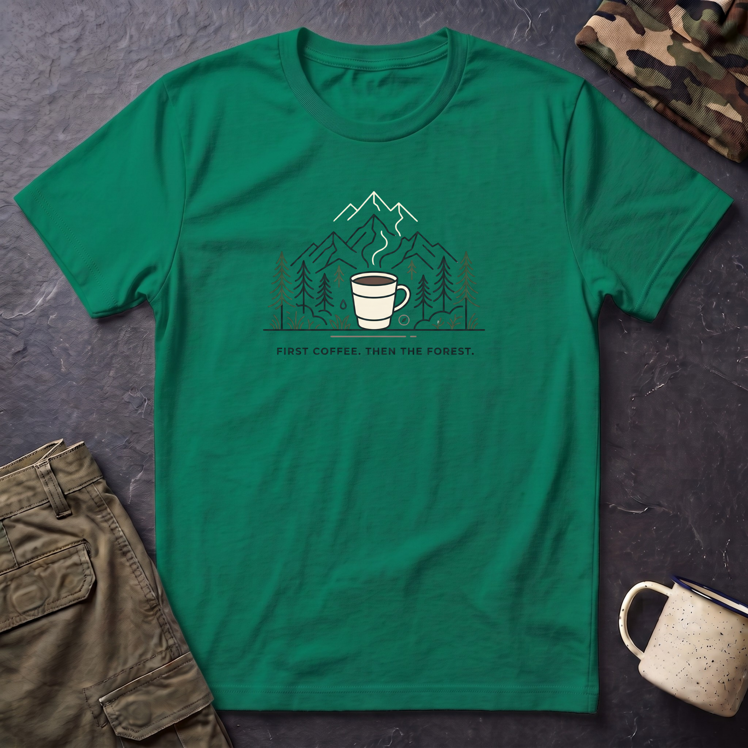 Coffee Cup in Pines T-Shirt | mountain camp mug, minimalist outdoors design