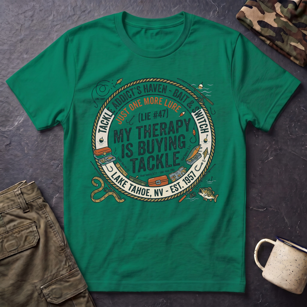 My Therapy Is Buying Tackle Fishing T-Shirt | Fishing Rod Reel Bait Angler Tee