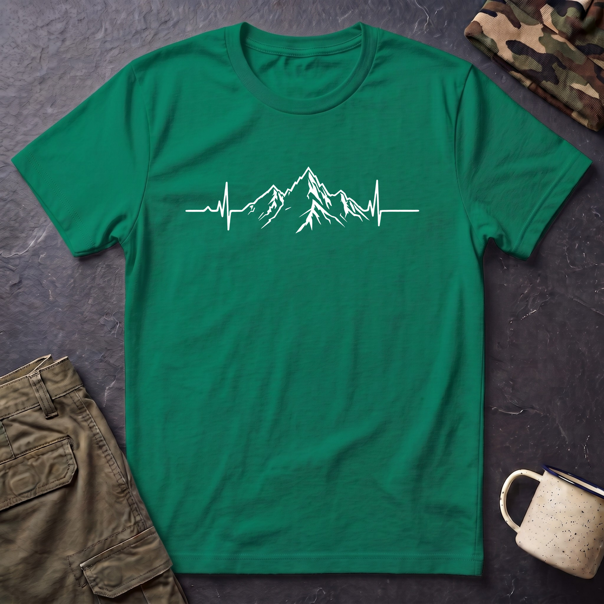 Mountain Heartbeat T-Shirt — Minimalist Mountain ECG Tee for Hikers & Outdoor Lovers