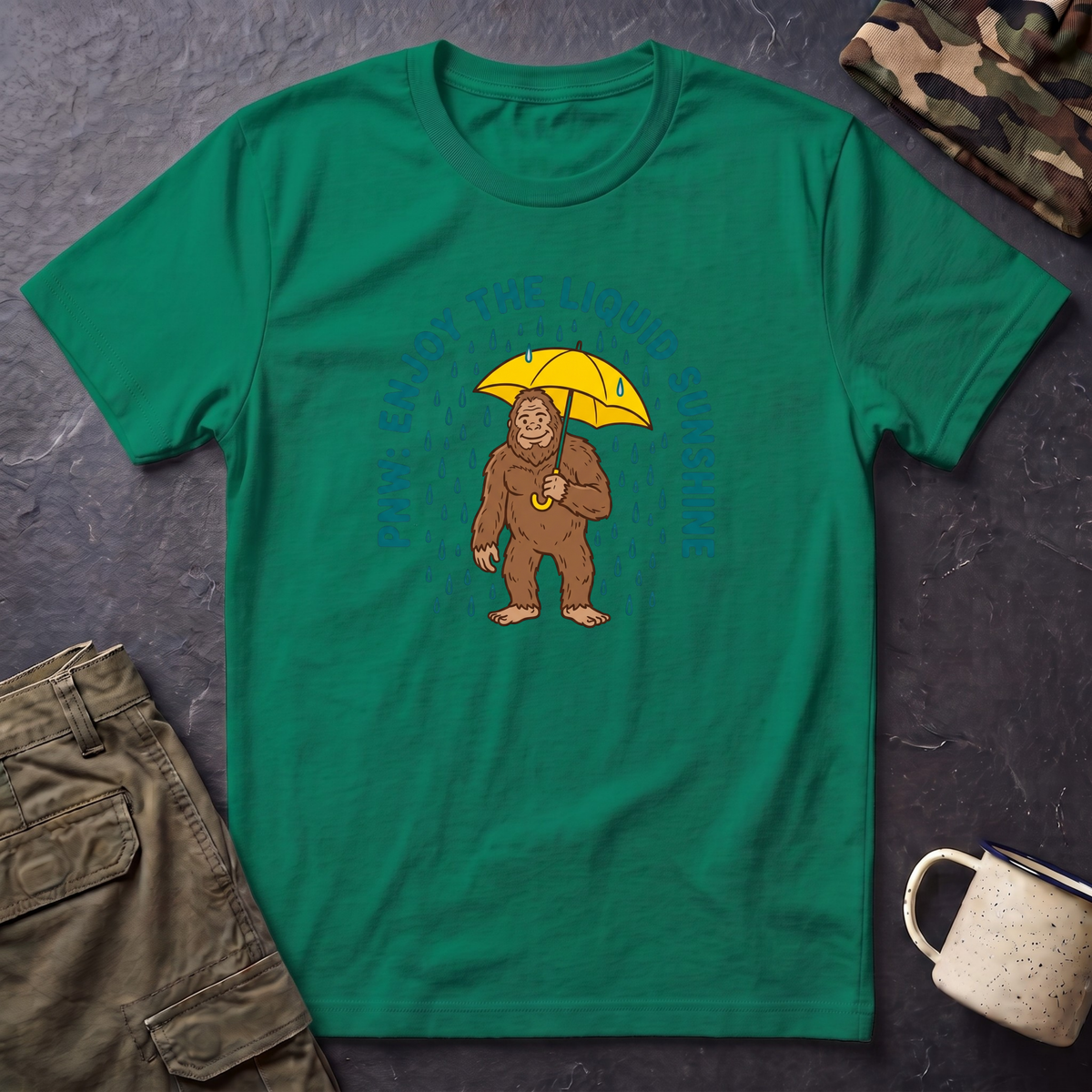 PNW Enjoy the Liquid Sunshine Bigfoot T-Shirt | Rain Umbrella Illustration