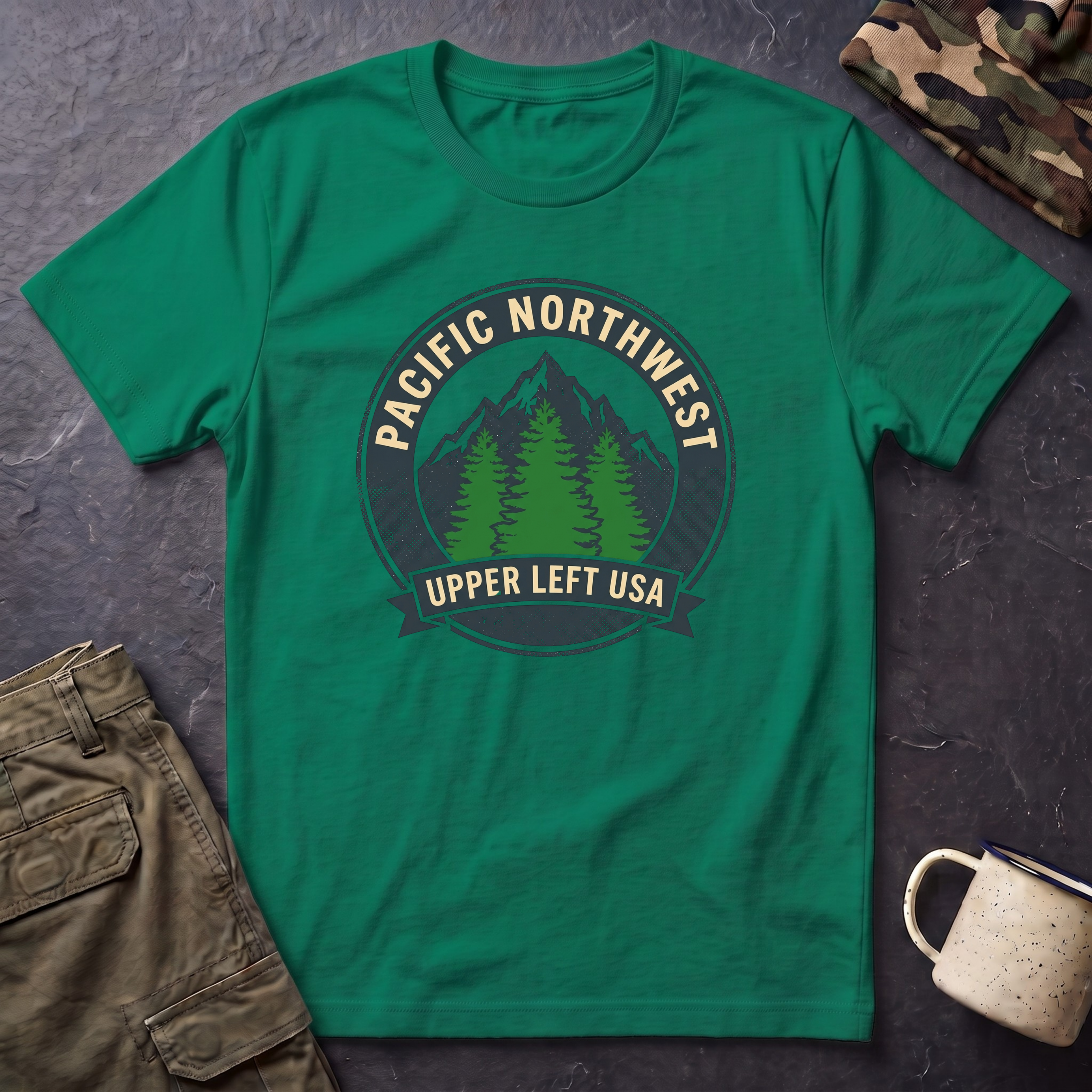 Pacific Northwest Mountain Pines T-Shirt | Upper Left USA graphic