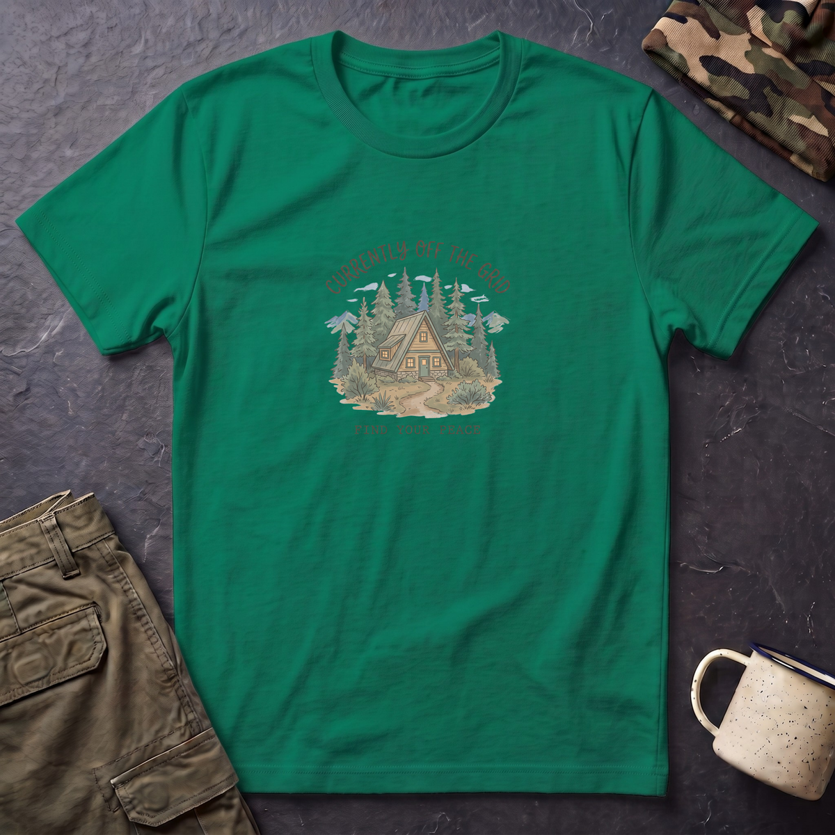T-Shirt — "Currently Off the Grid" Cabin Graphic | Find Your Peace