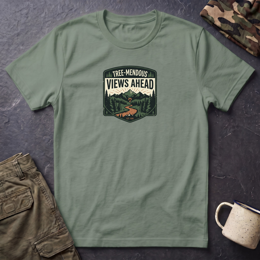 Hiking Tee — "Tree-mendous Views Ahead" Graphic T-Shirt