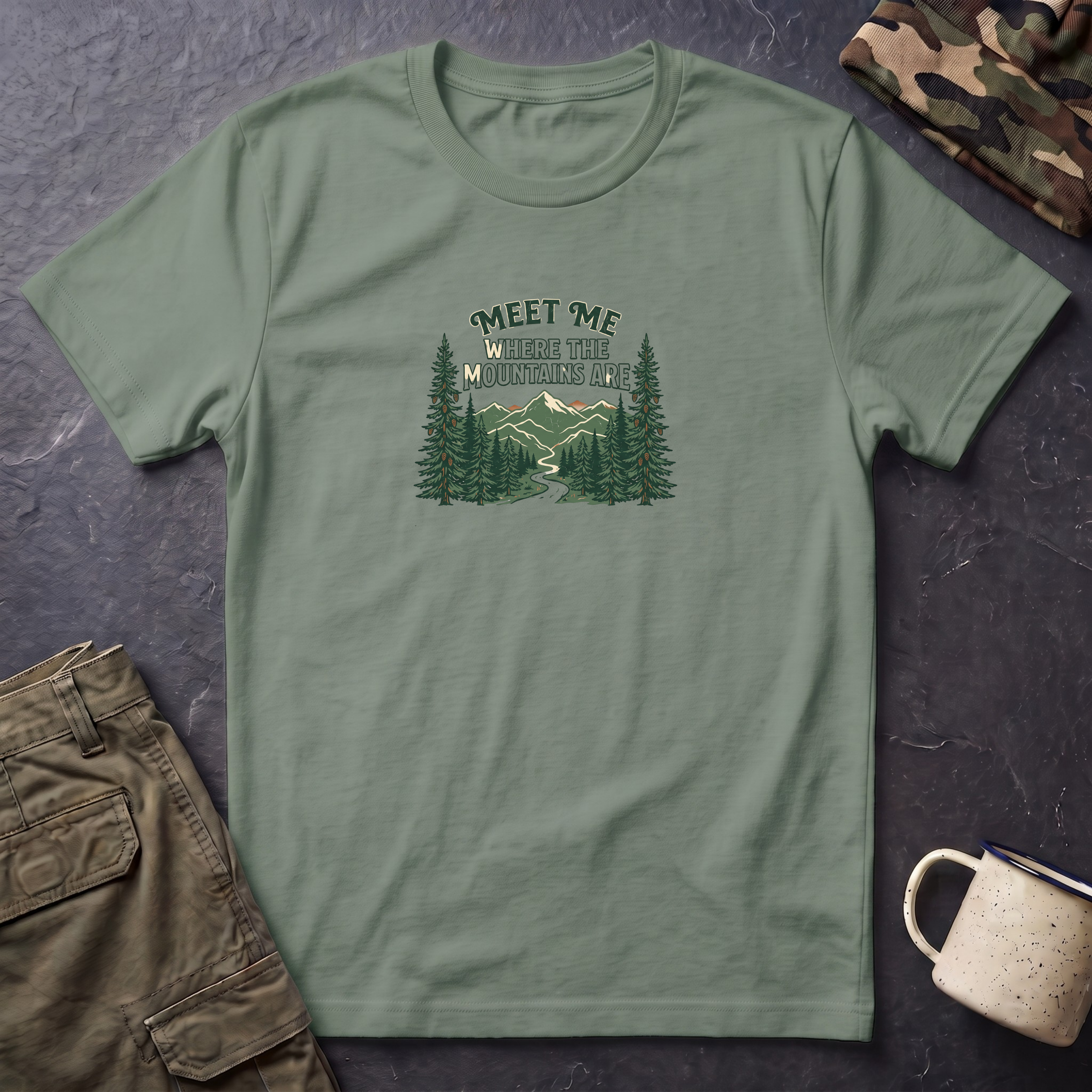 T-Shirt — "Meet Me Where the Mountains Are" Nature Graphic Tee