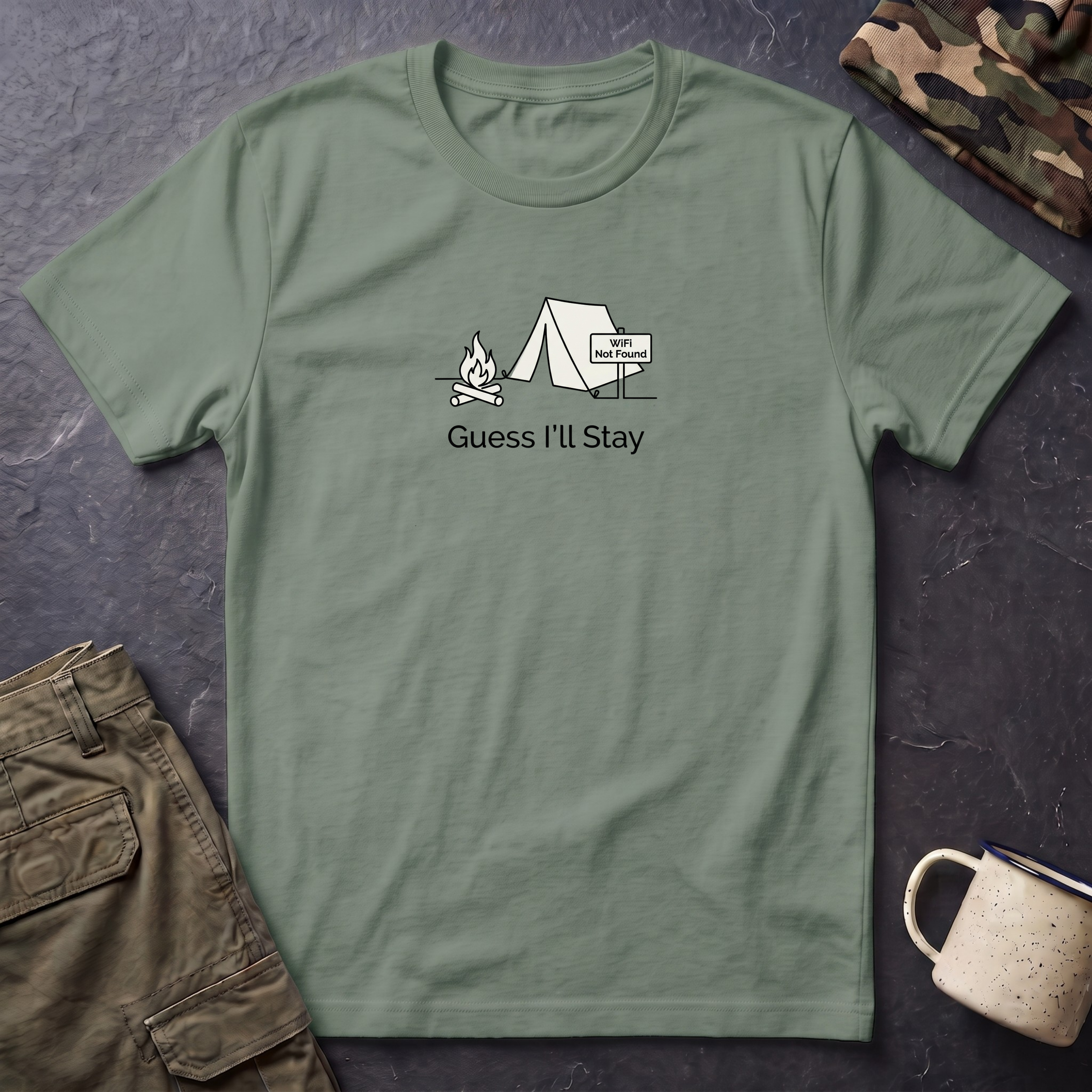 Guess Ill Stay camping tee | Tent and campfire graphic T-Shirt