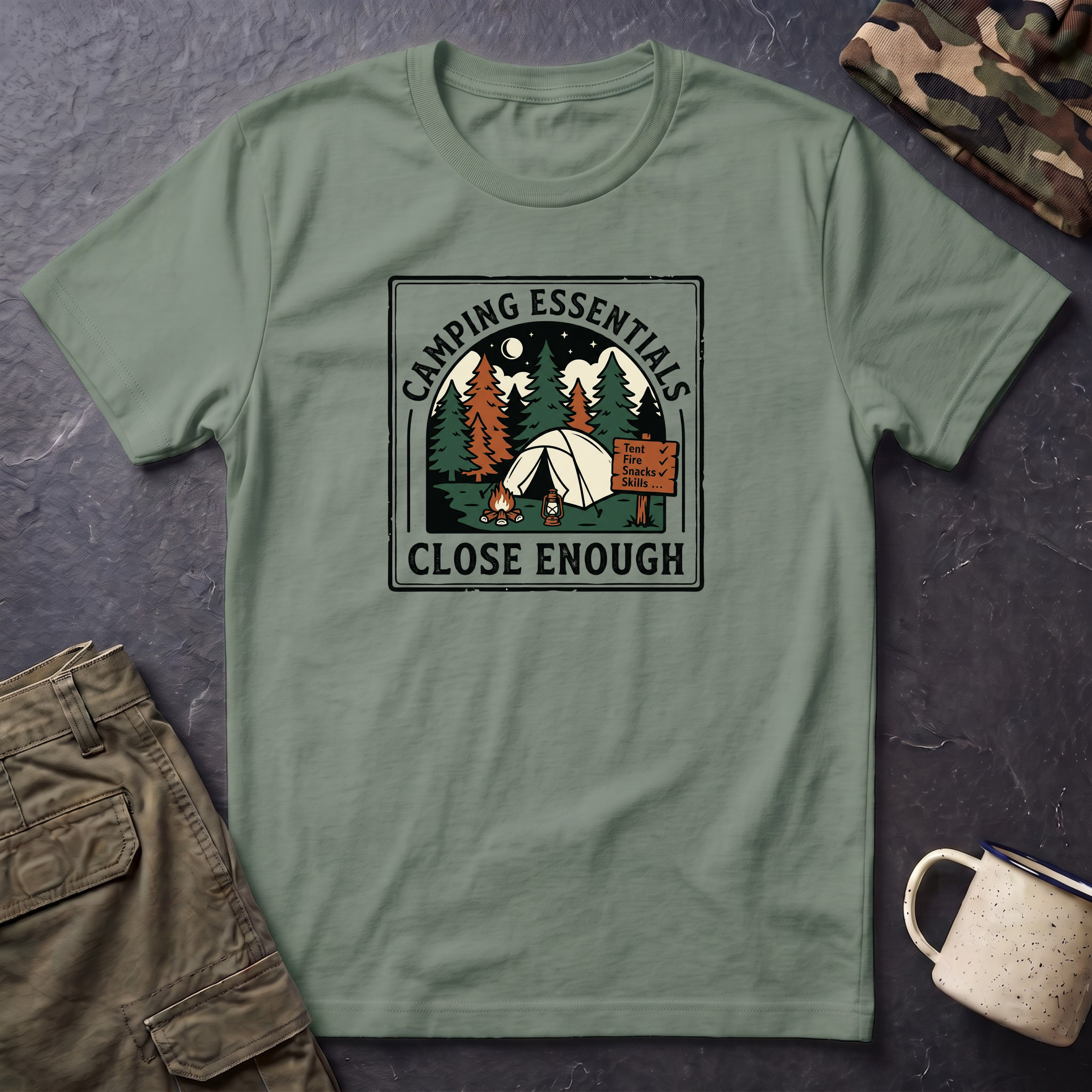 Camping Essentials Close Enough T-Shirt | Tent Forest Camping Shirt