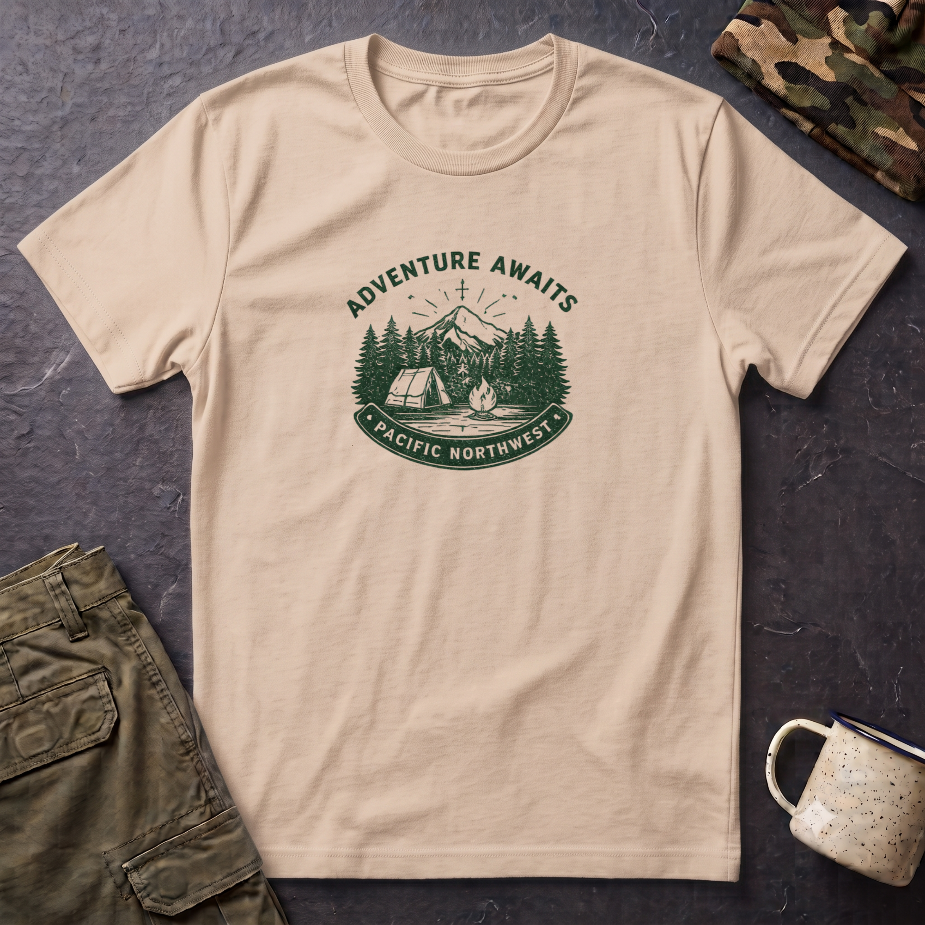 Adventure Awaits Pacific Northwest T-Shirt | Camping Mountain Badge