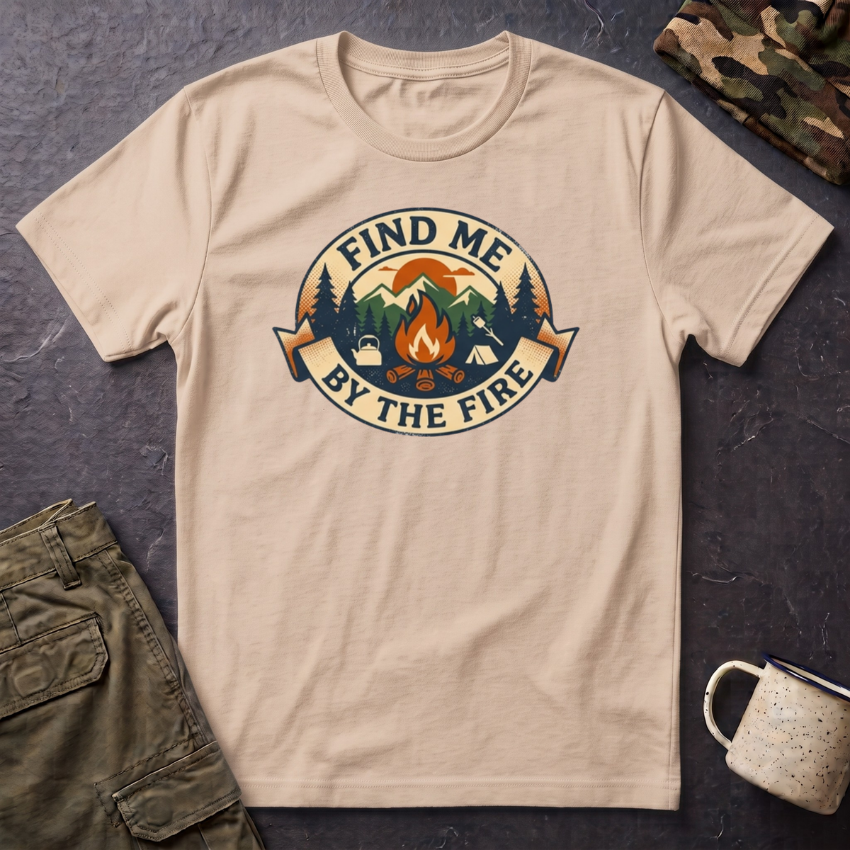 Find Me by the Fire T-Shirt | Campfire Mountains Camping Tee