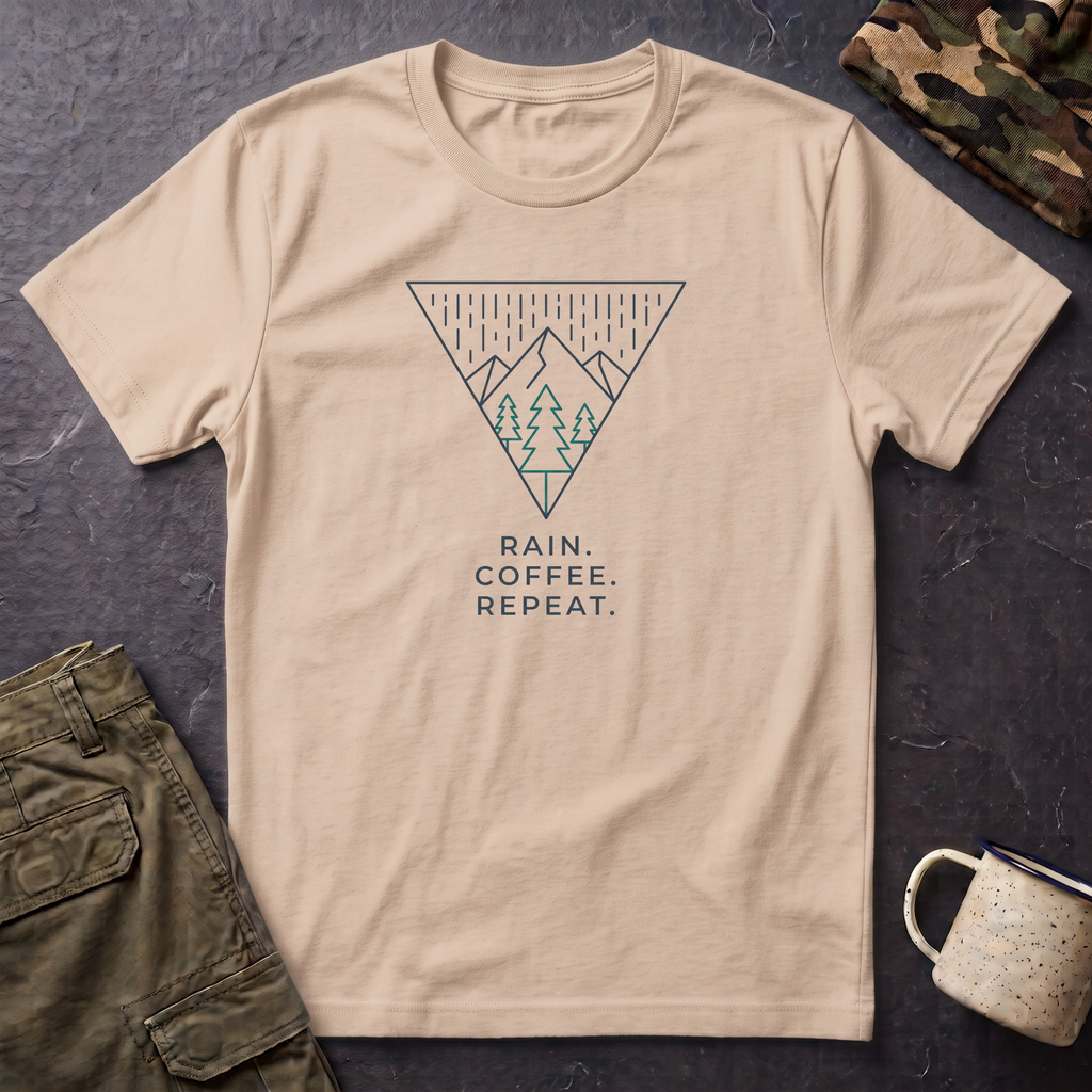 Rain Coffee Repeat T‑Shirt — Minimal Mountain Triangle Graphic Tee