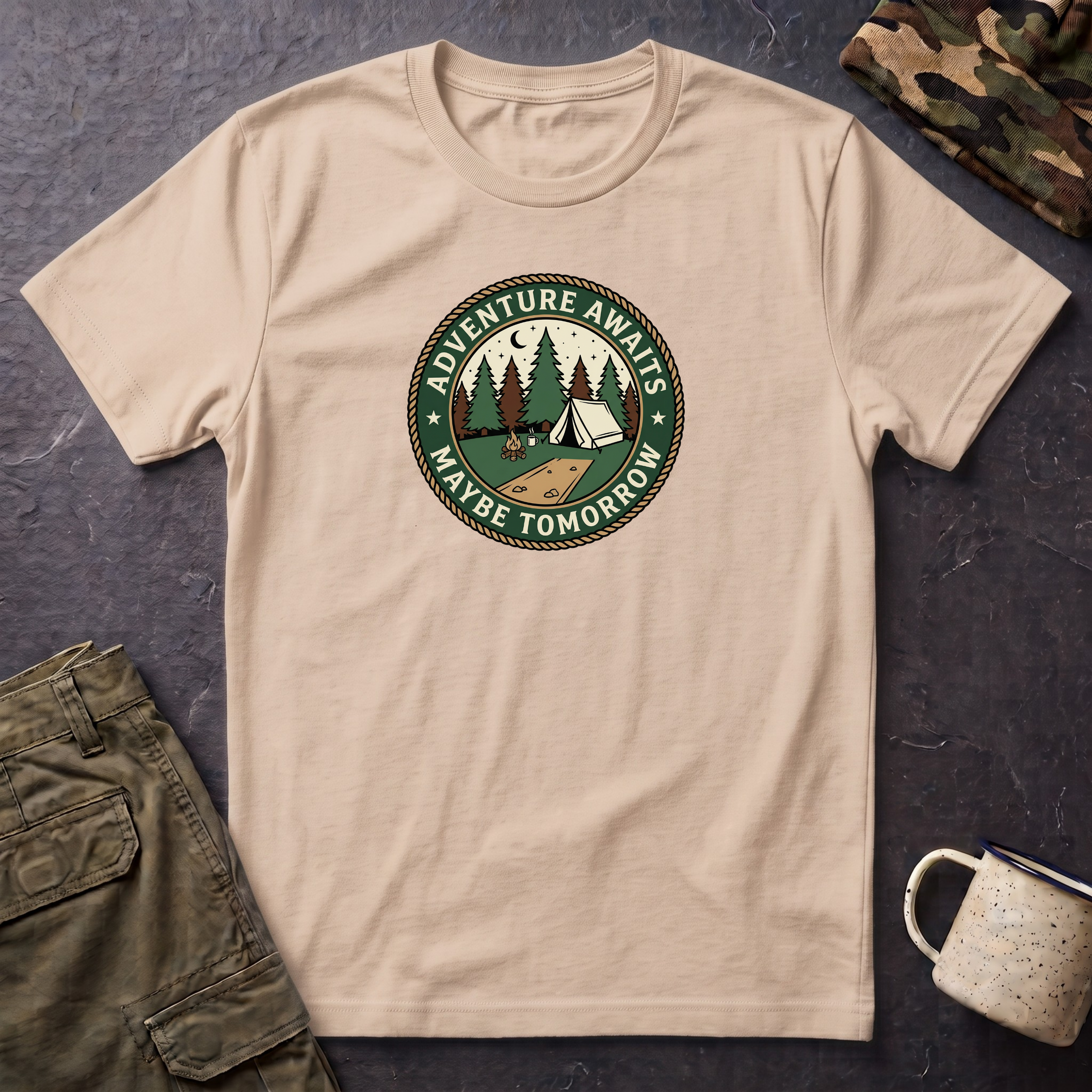 Adventure Awaits Maybe Tomorrow T-Shirt | Camping Patch Graphic