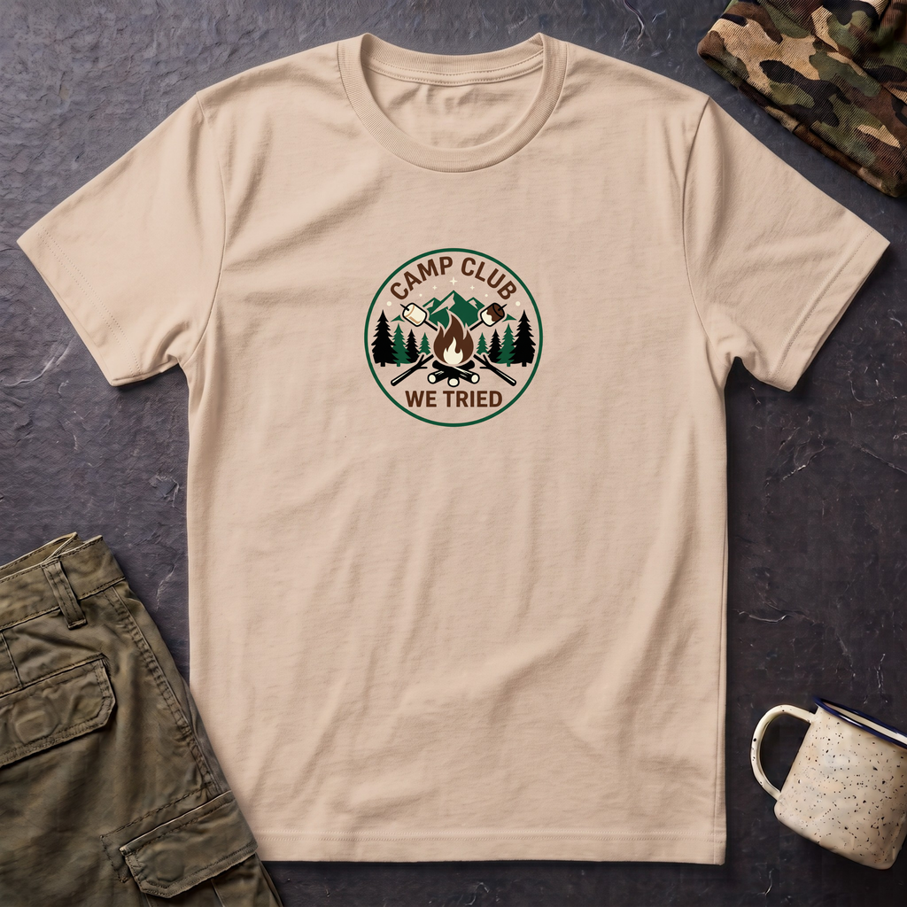 Camp Club We Tried T-Shirt | Camping Badge, Mountains & Pine Trees