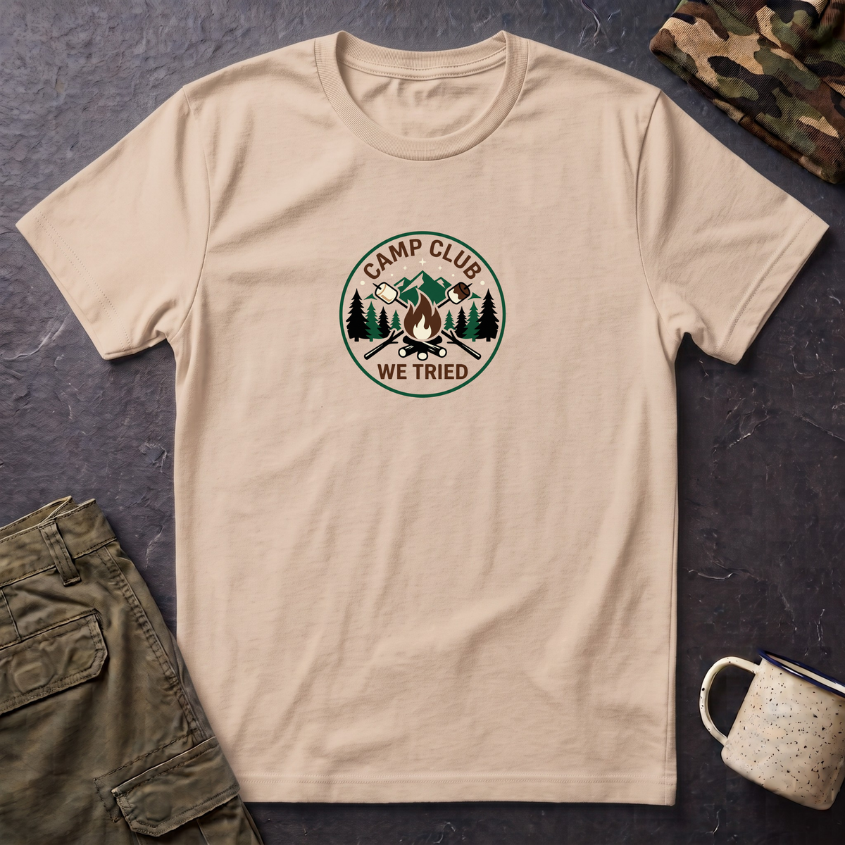 Camp Club We Tried T-Shirt | Camping Badge, Mountains & Pine Trees