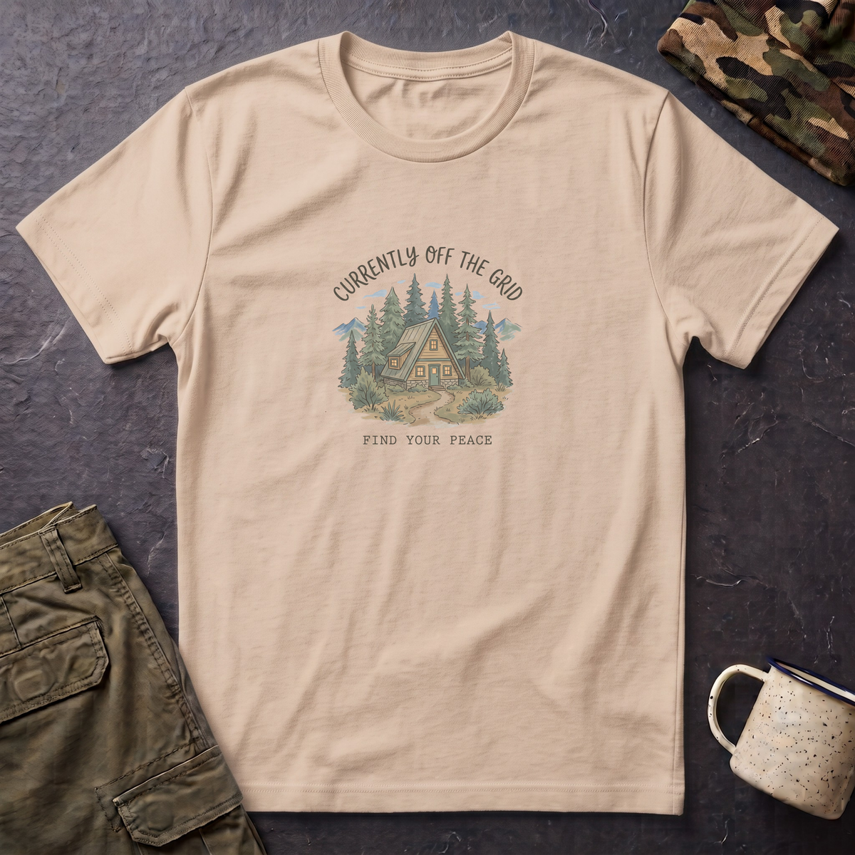 T-Shirt — "Currently Off the Grid" Cabin Graphic | Find Your Peace