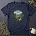 Cozy Camping Coffee Scene T-Shirt | Mountain Mug, Rainy Forest Illustration