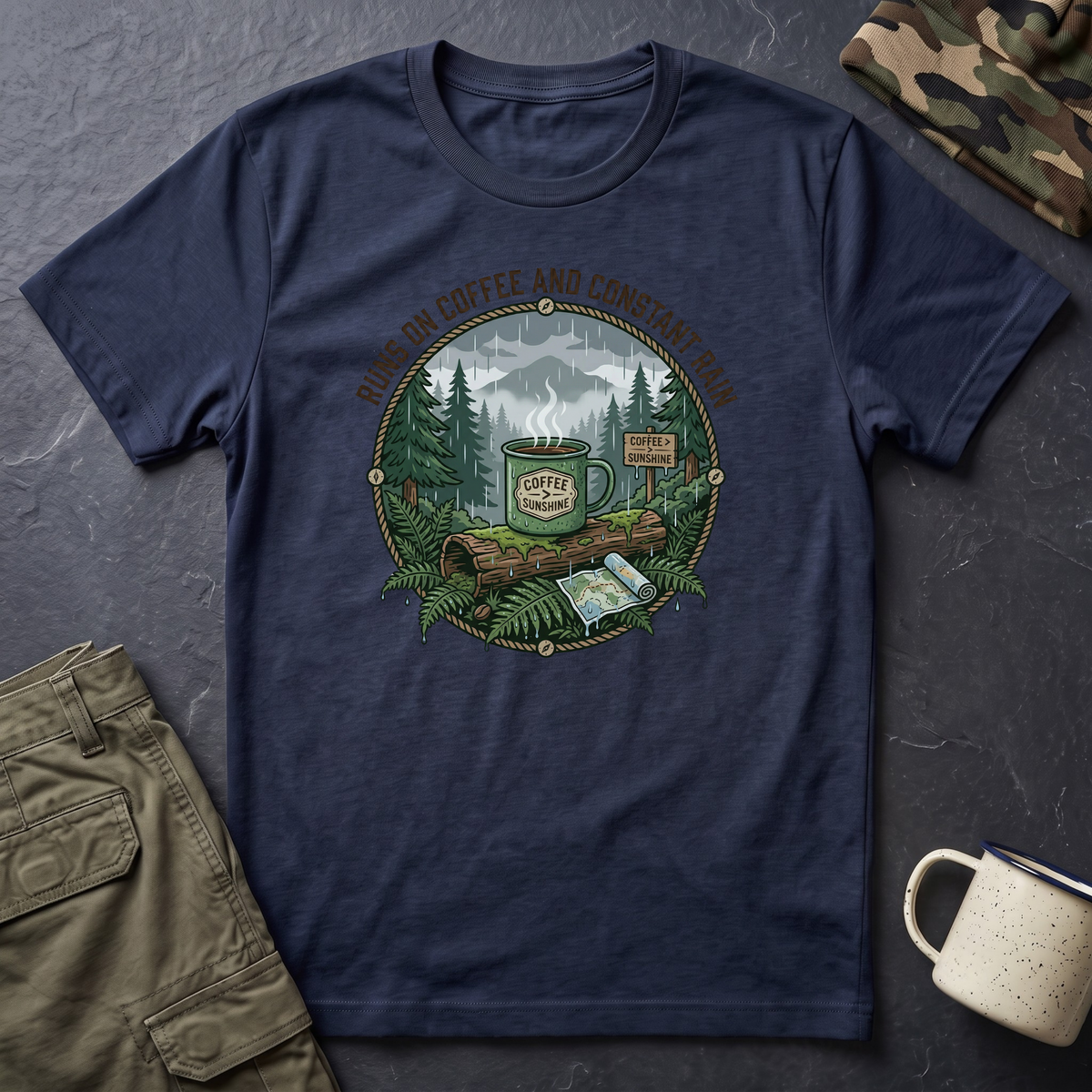Cozy Camping Coffee Scene T-Shirt | Mountain Mug, Rainy Forest Illustration