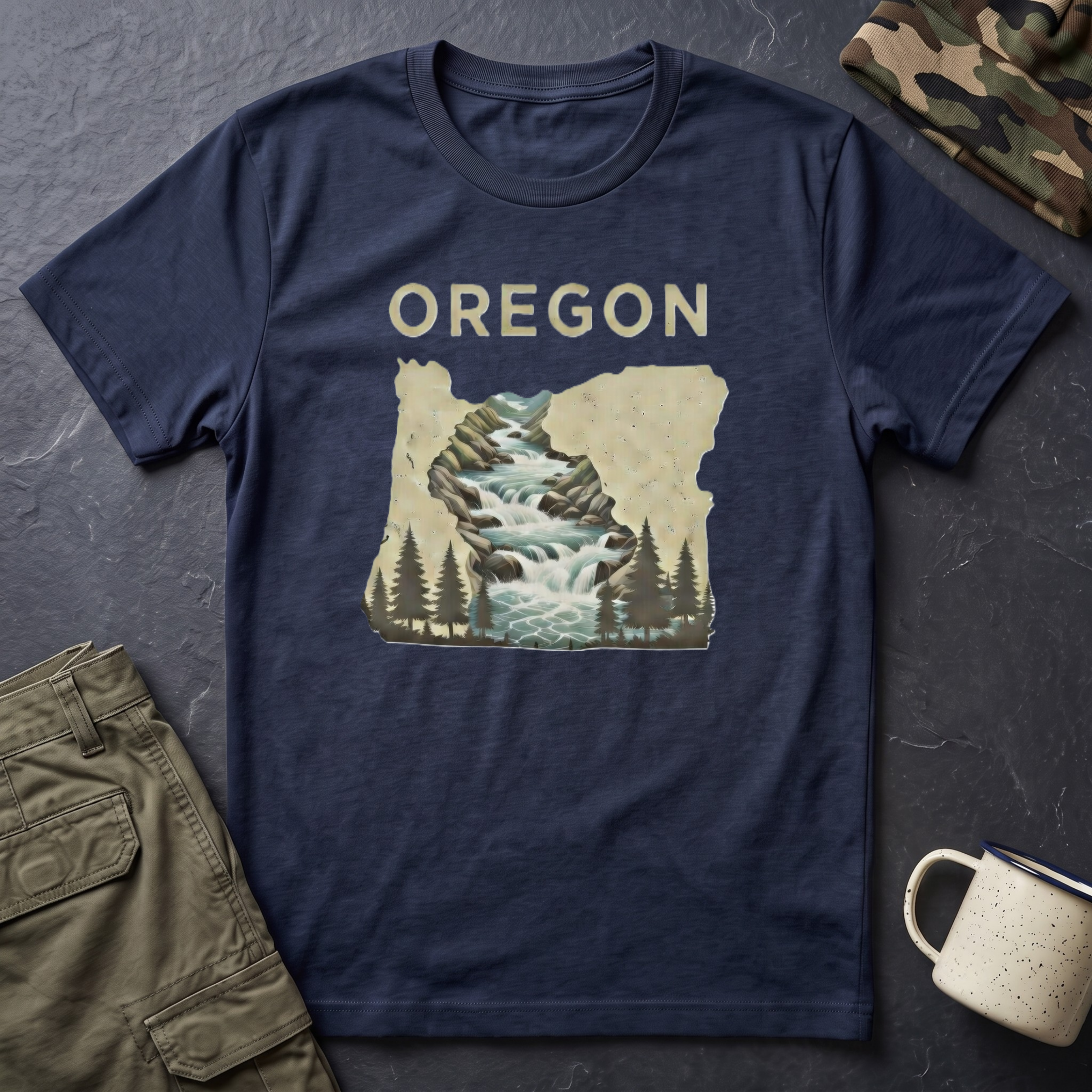 Oregon waterfall state map T-Shirt | River, Pines, Nature