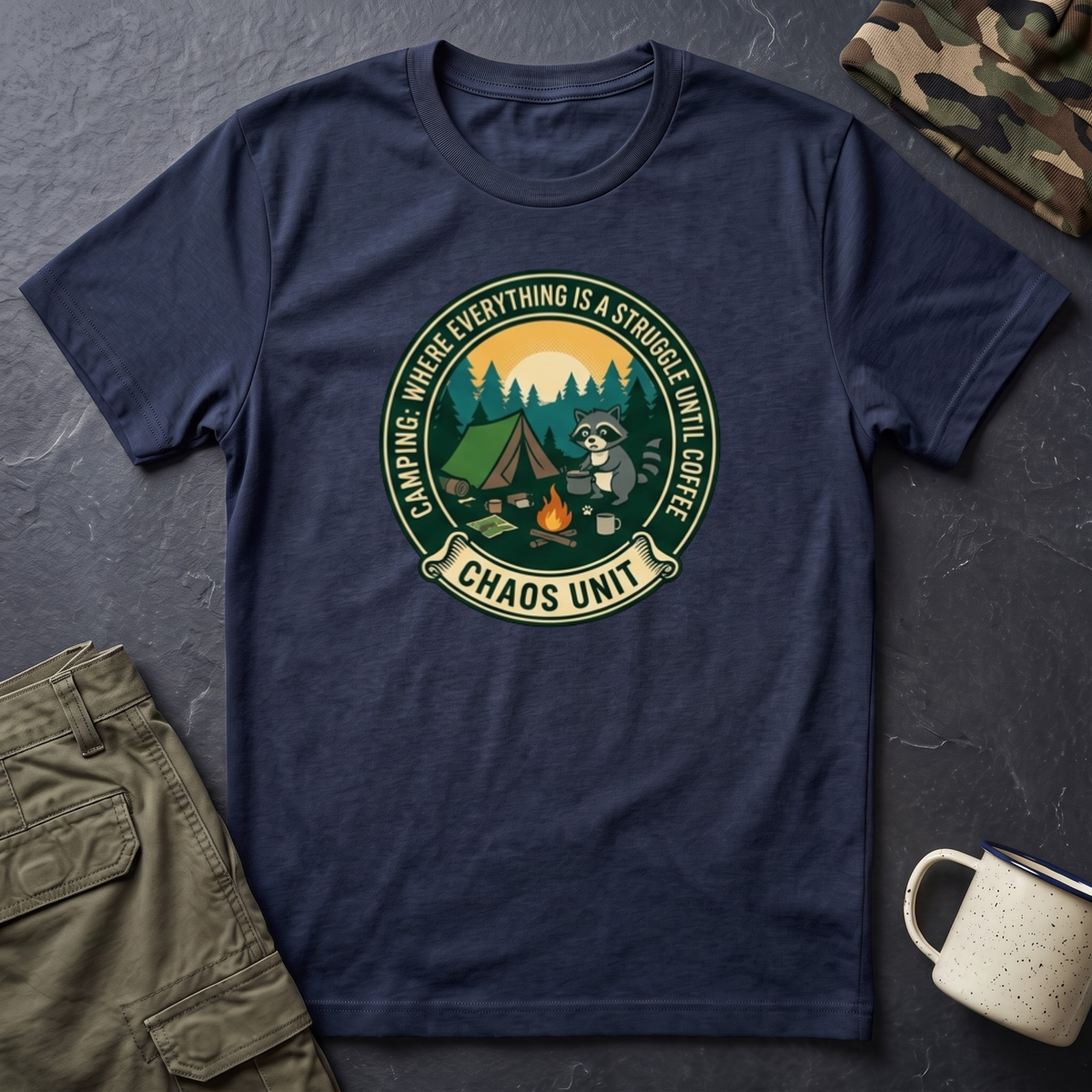 Camping Coffee Bear Chaos Unit T-Shirt | Campfire Woods Graphic