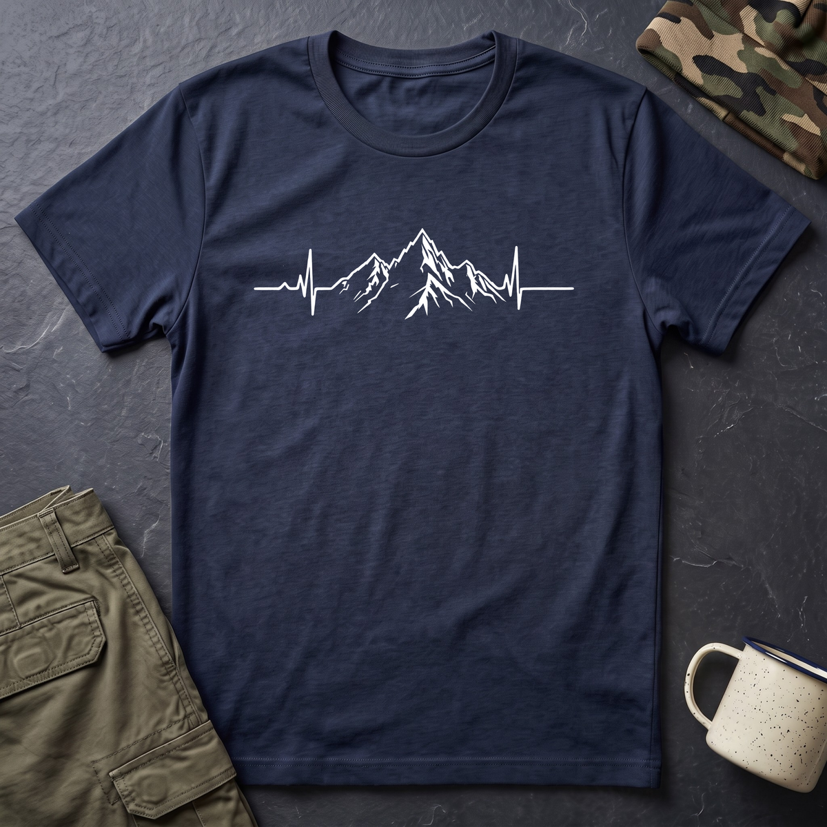 Mountain Heartbeat T-Shirt — Minimalist Mountain ECG Tee for Hikers & Outdoor Lovers