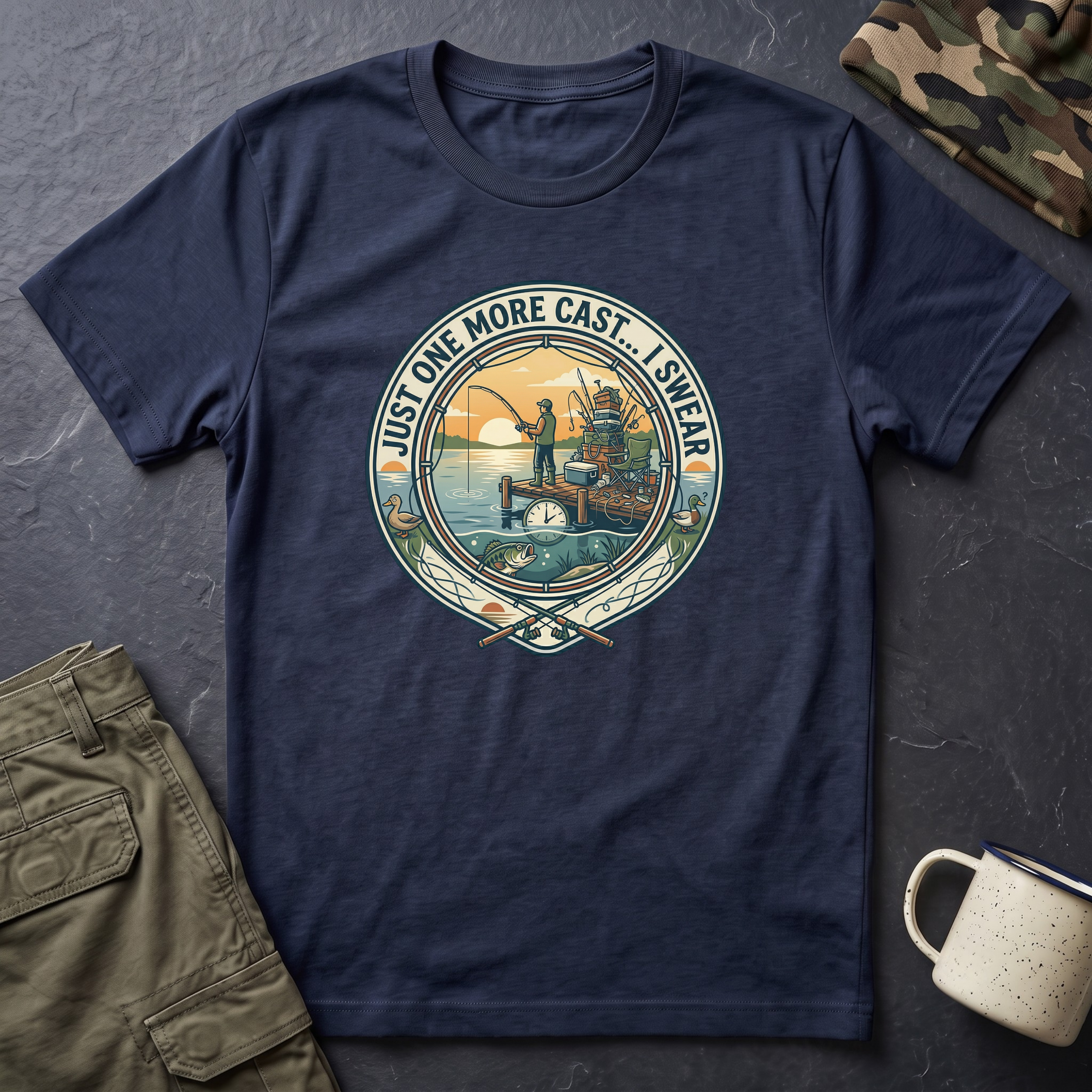 Just One More Cast Fishing T-Shirt | Retro Sunset Angler Design