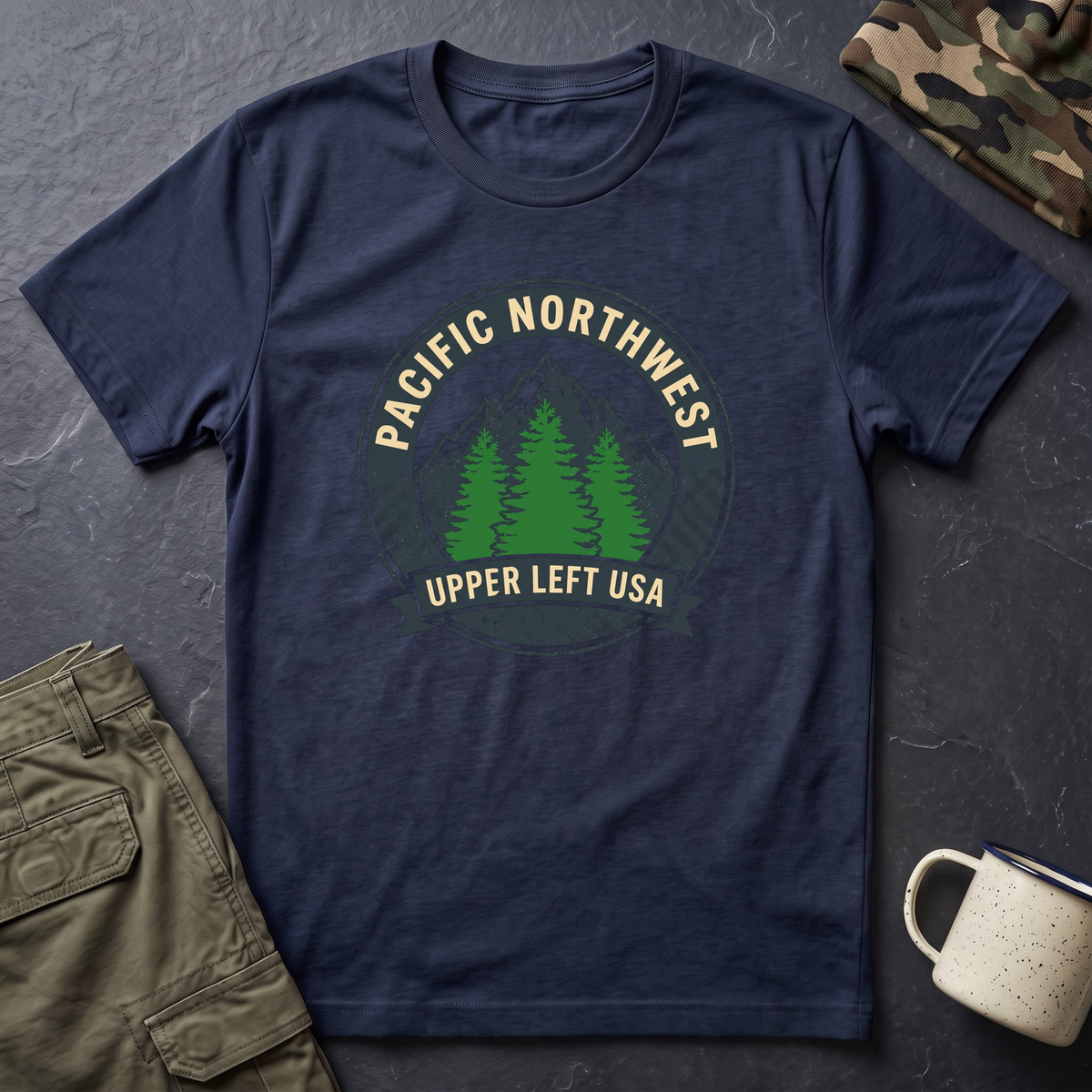 Pacific Northwest Mountain Pines T-Shirt | Upper Left USA graphic